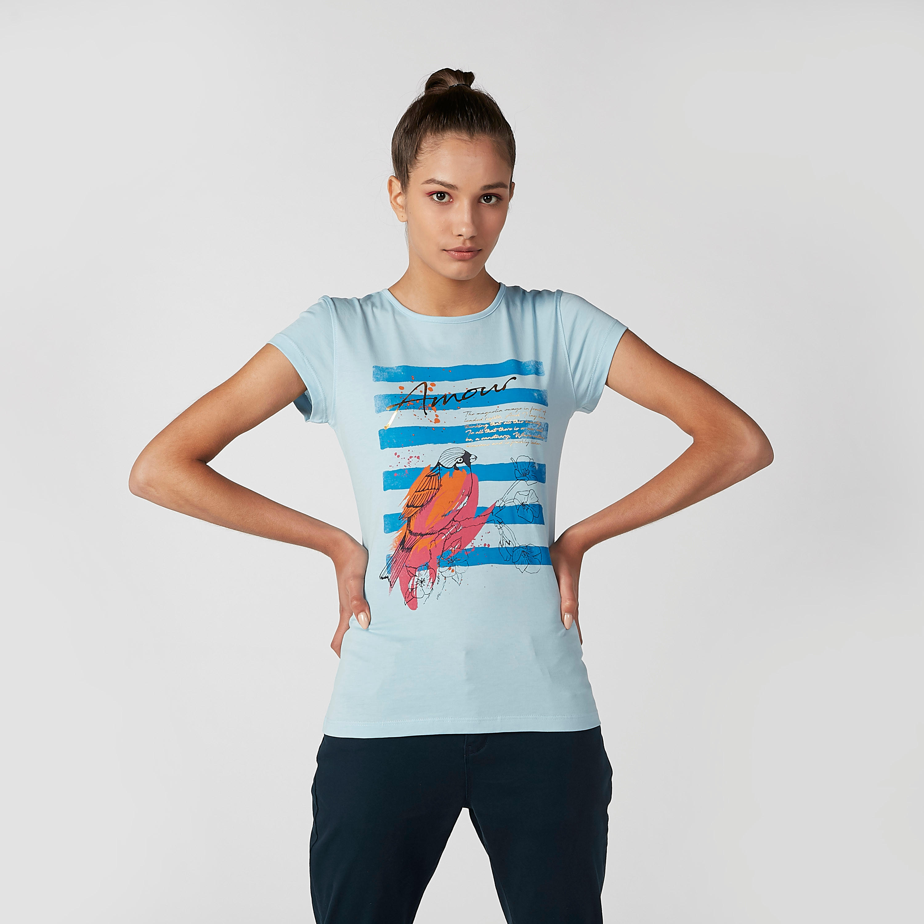 تيشيرت مستدام سليم بياقة مستديرة وأكمام كاب وطبعات -women-clothing-tshirts-image-3