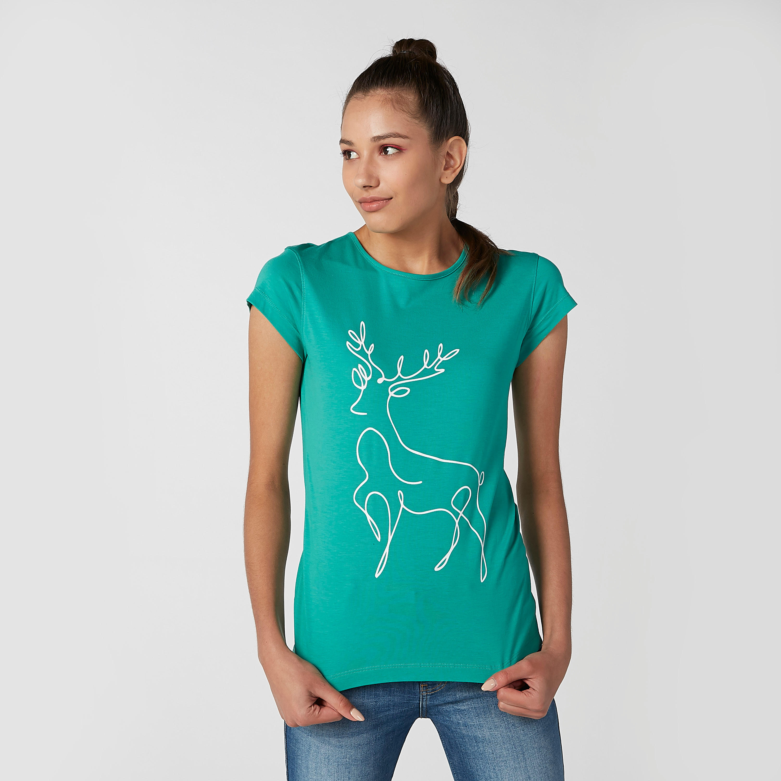 تيشيرت مستدام سليم بياقة مستديرة وأكمام كاب وطبعات -women-clothing-tshirts-image-3
