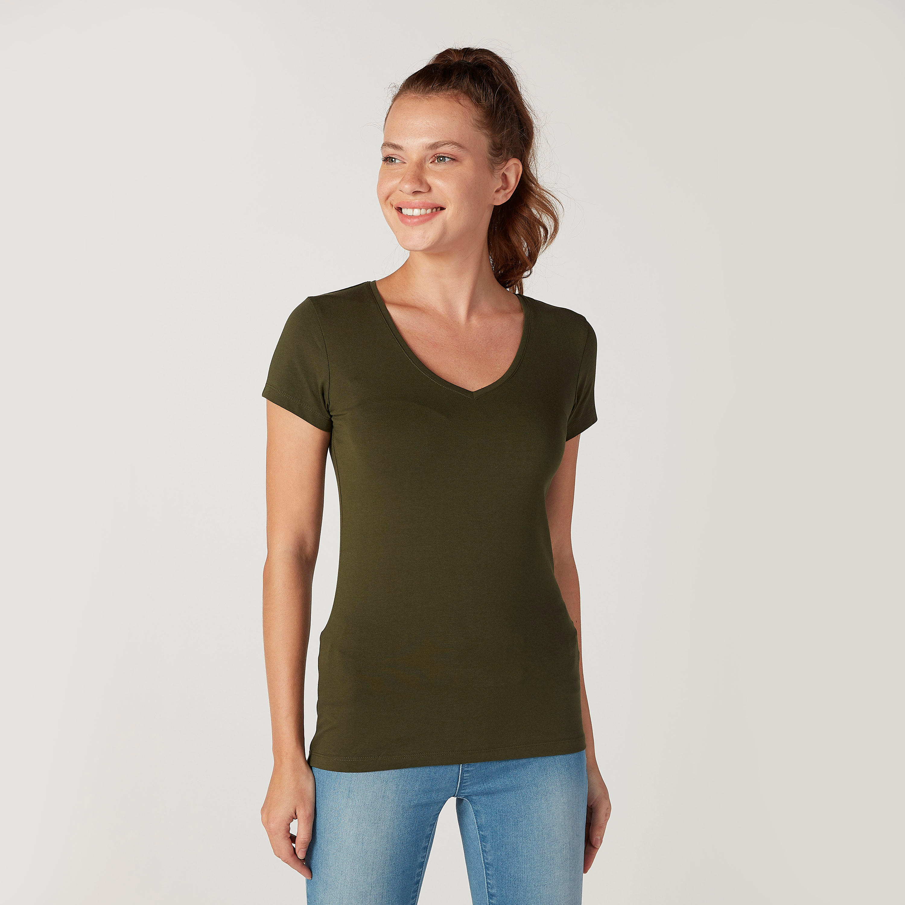 Plain T-shirt with V-neck and Short Sleeves-women-clothing-tshirts-image-1