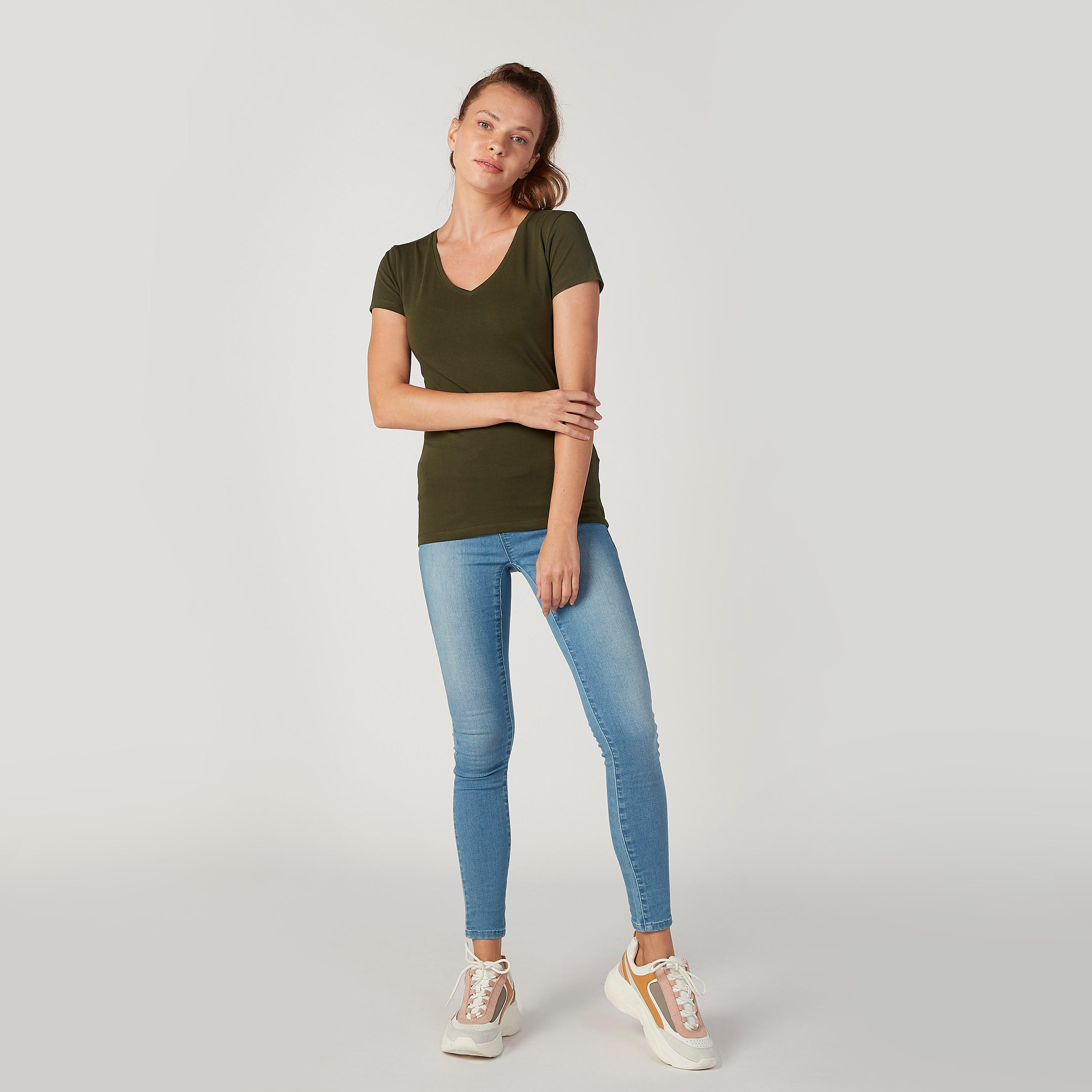 Plain T-shirt with V-neck and Short Sleeves-women-clothing-tshirts-image-2