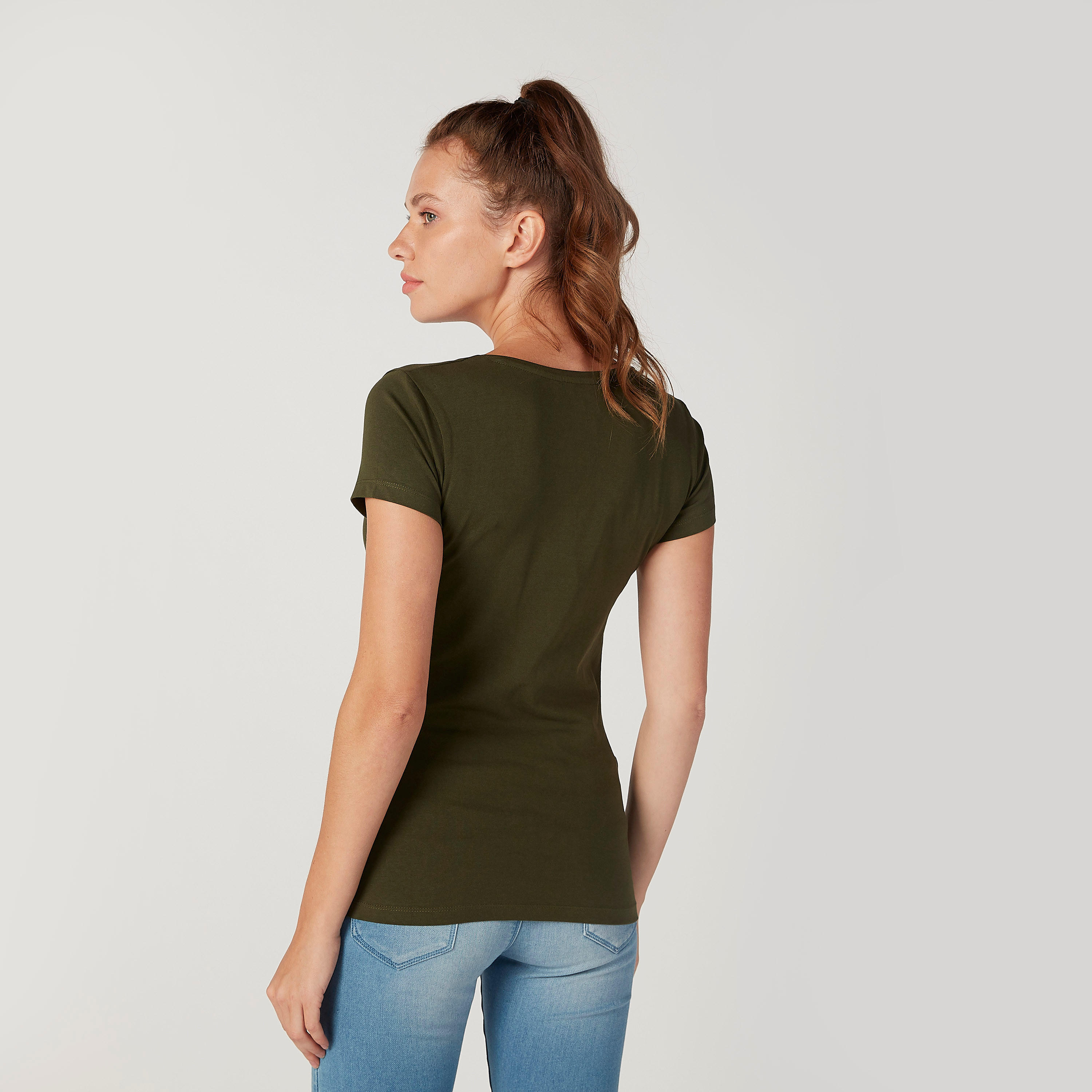 Plain T-shirt with V-neck and Short Sleeves-women-clothing-tshirts-image-3