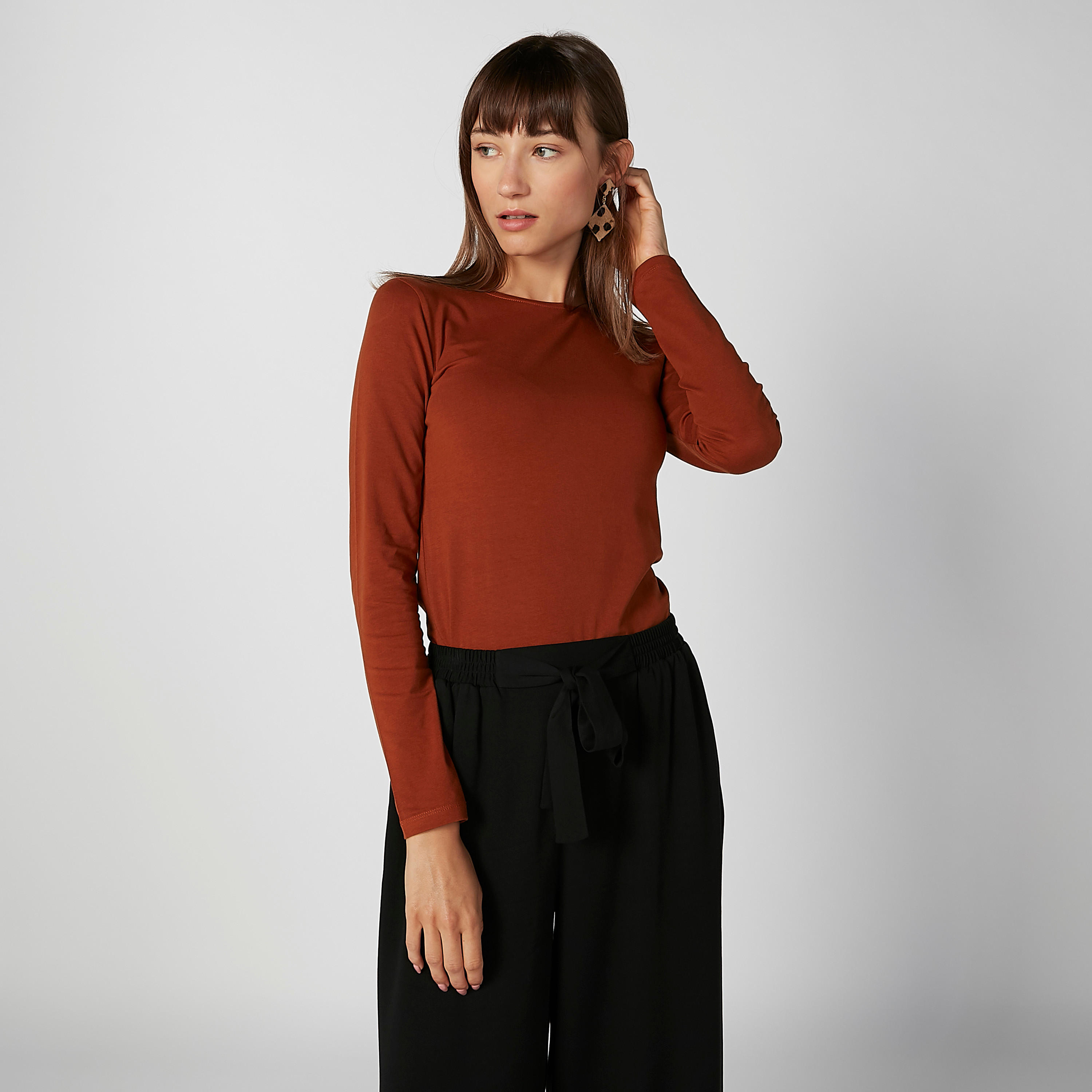 Plain Top with Round Neck and Long Sleeves-women-clothing-tshirts-image-2