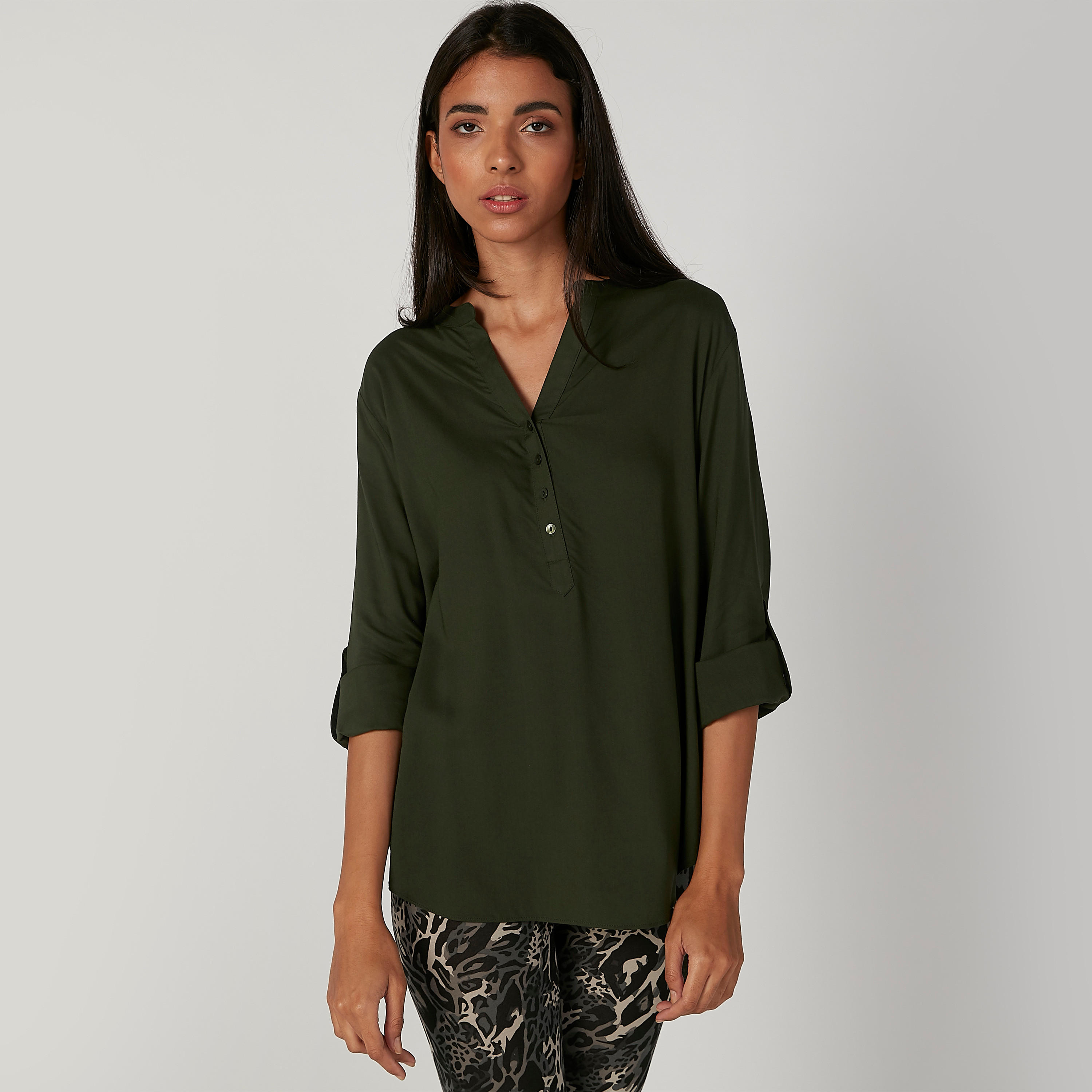 Plain Top with V-neck and Long Sleeves-women-clothing-shirtsandblouses-blouses-image-1