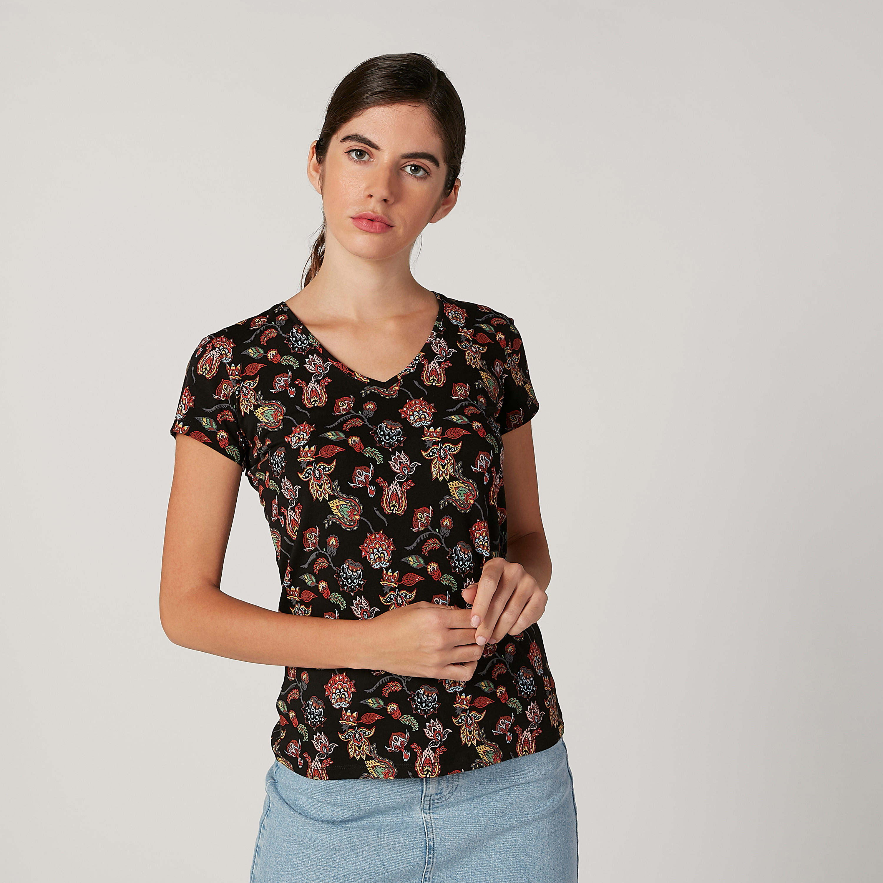 Printed T-shirt with V-neck and Short Sleeves-women-clothing-tshirts-image-1