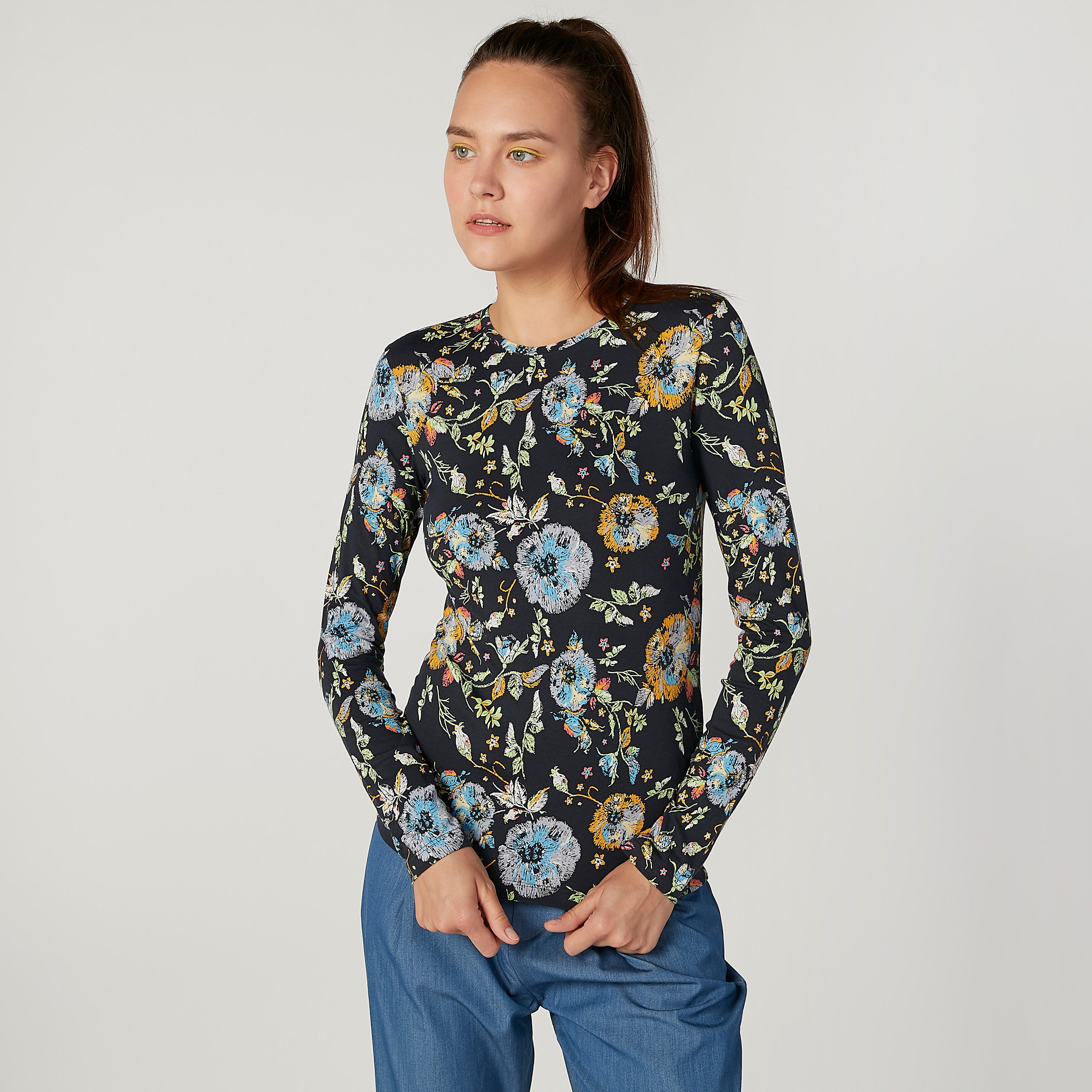 Floral Printed T-shirt with Round Neck and Long Sleeves-women-clothing-tshirts-image-1