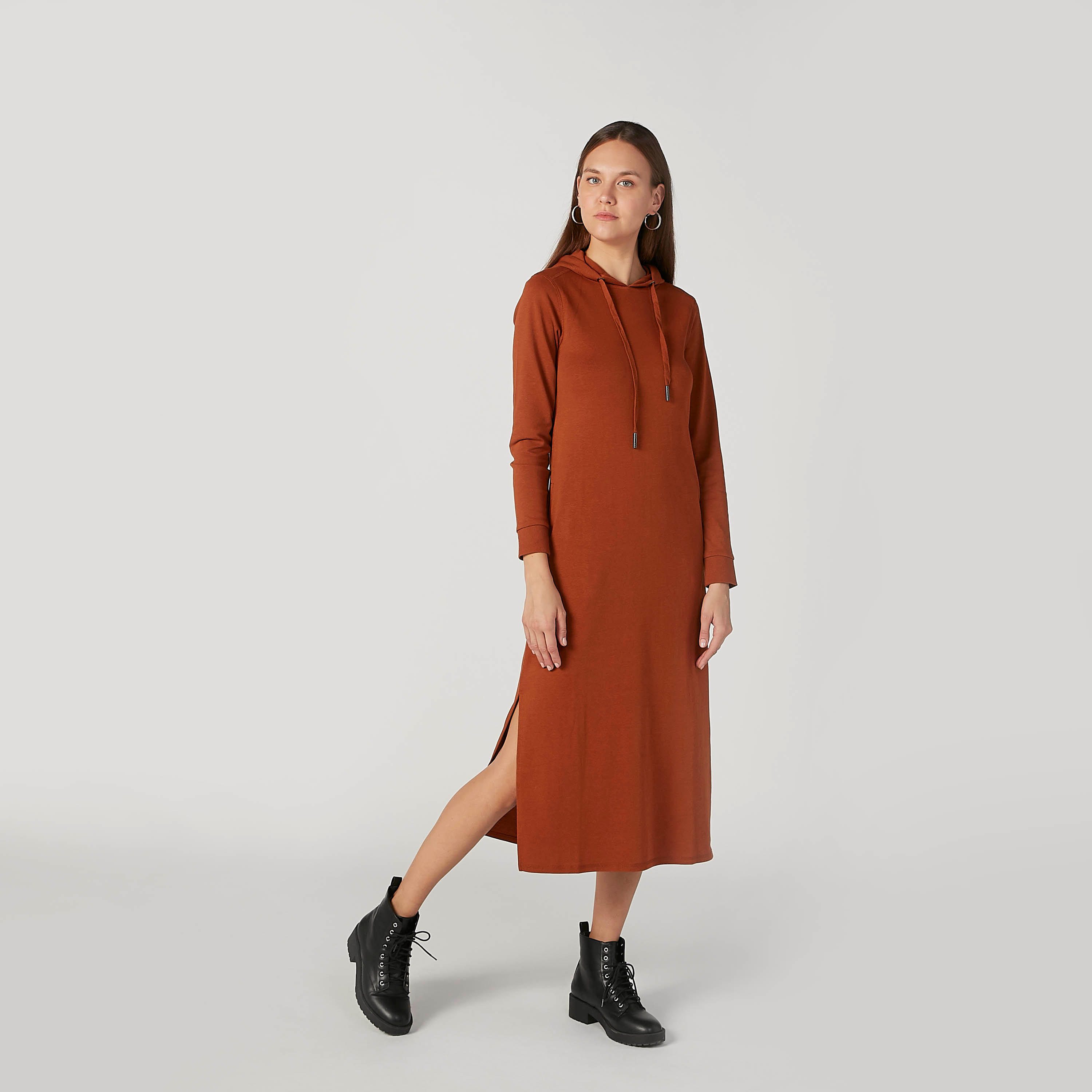 فستان مستدام قميص سادة متوسط الطول سادة بقبعة وجيوب-women-clothing-dresses-image-1