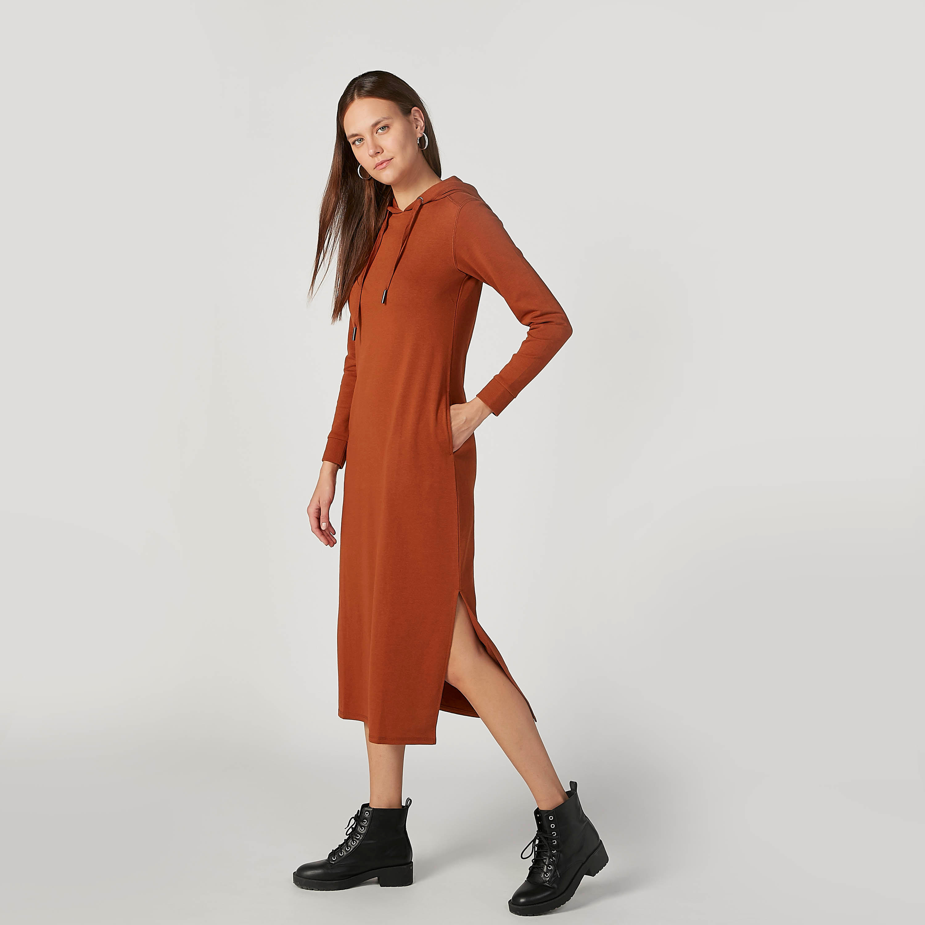 فستان مستدام قميص سادة متوسط الطول سادة بقبعة وجيوب-women-clothing-dresses-image-2