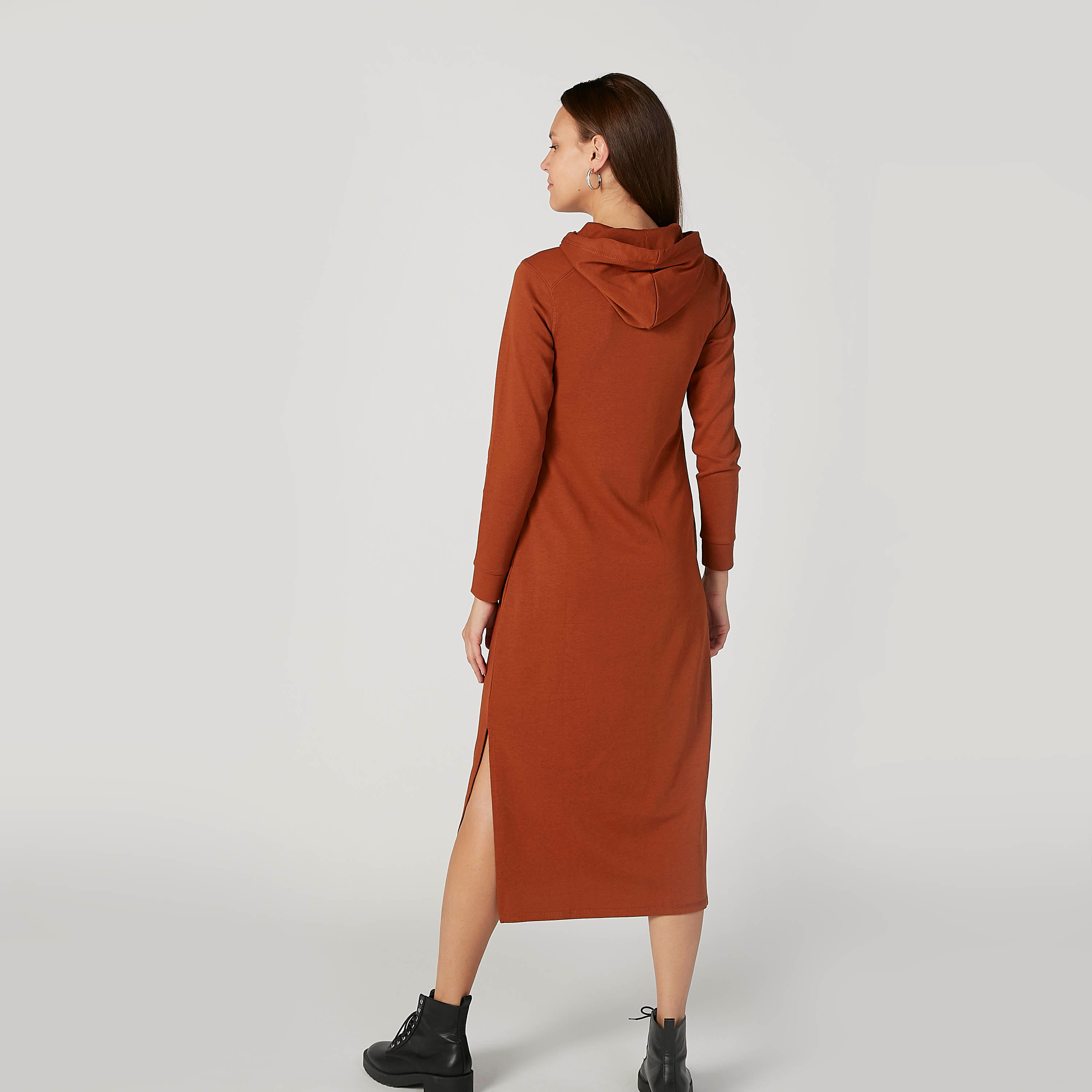 فستان مستدام قميص سادة متوسط الطول سادة بقبعة وجيوب-women-clothing-dresses-image-4