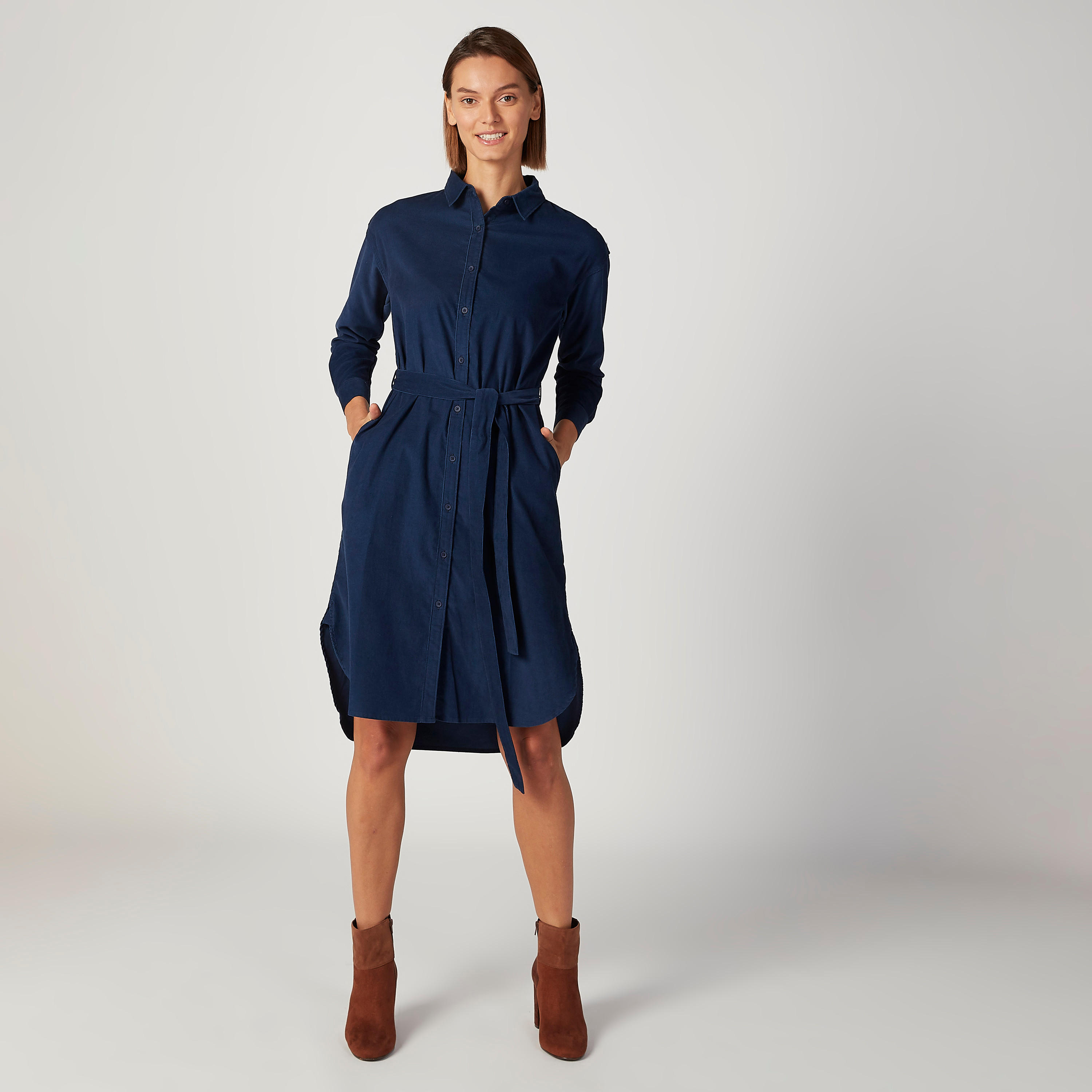 فستان قميص ميدي سادة بأكمام طويلة وجيوب-women-clothing-dresses-image-1