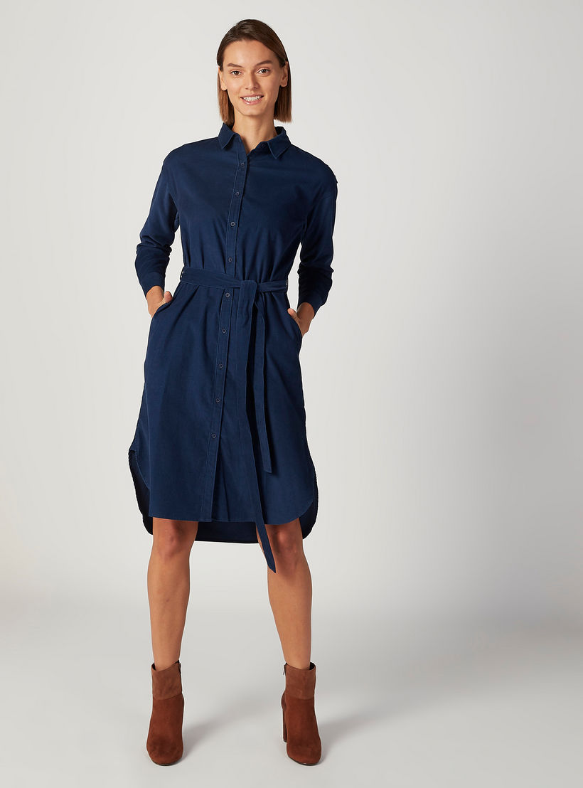 فستان قميص ميدي سادة بأكمام طويلة وجيوب-women-clothing-dresses-image-1