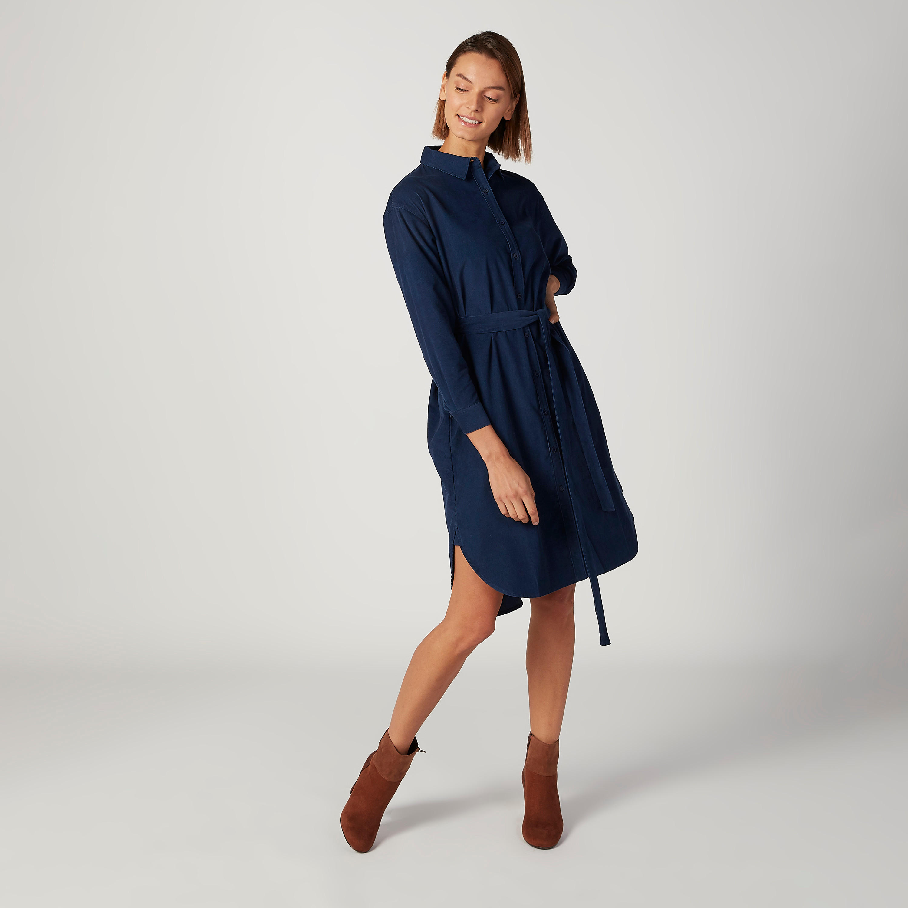فستان قميص ميدي سادة بأكمام طويلة وجيوب-women-clothing-dresses-image-2