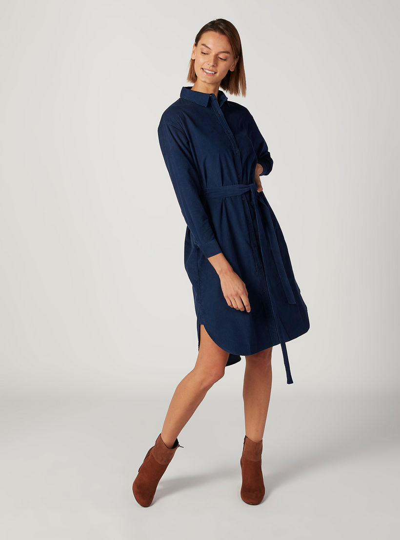 فستان قميص ميدي سادة بأكمام طويلة وجيوب-women-clothing-dresses-image-2