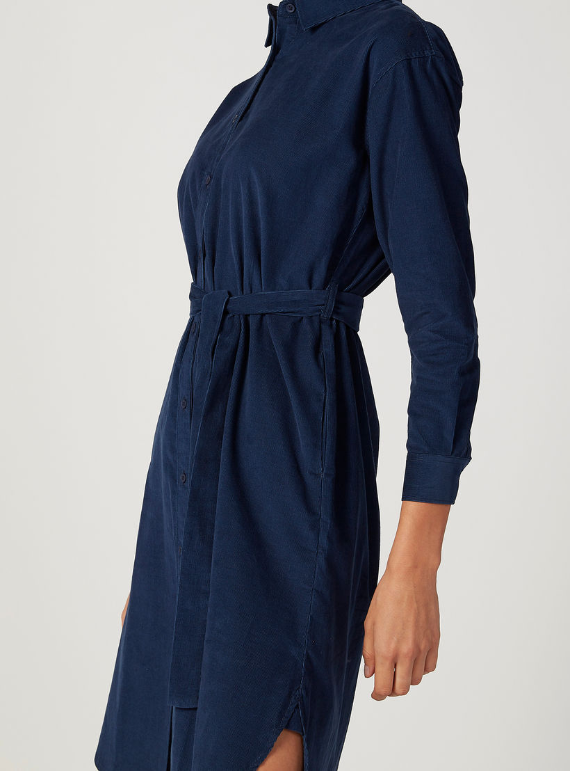 فستان قميص ميدي سادة بأكمام طويلة وجيوب-women-clothing-dresses-image-3