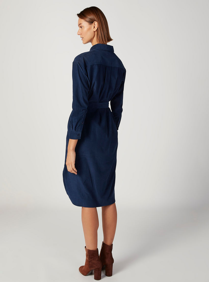 فستان قميص ميدي سادة بأكمام طويلة وجيوب-women-clothing-dresses-image-4