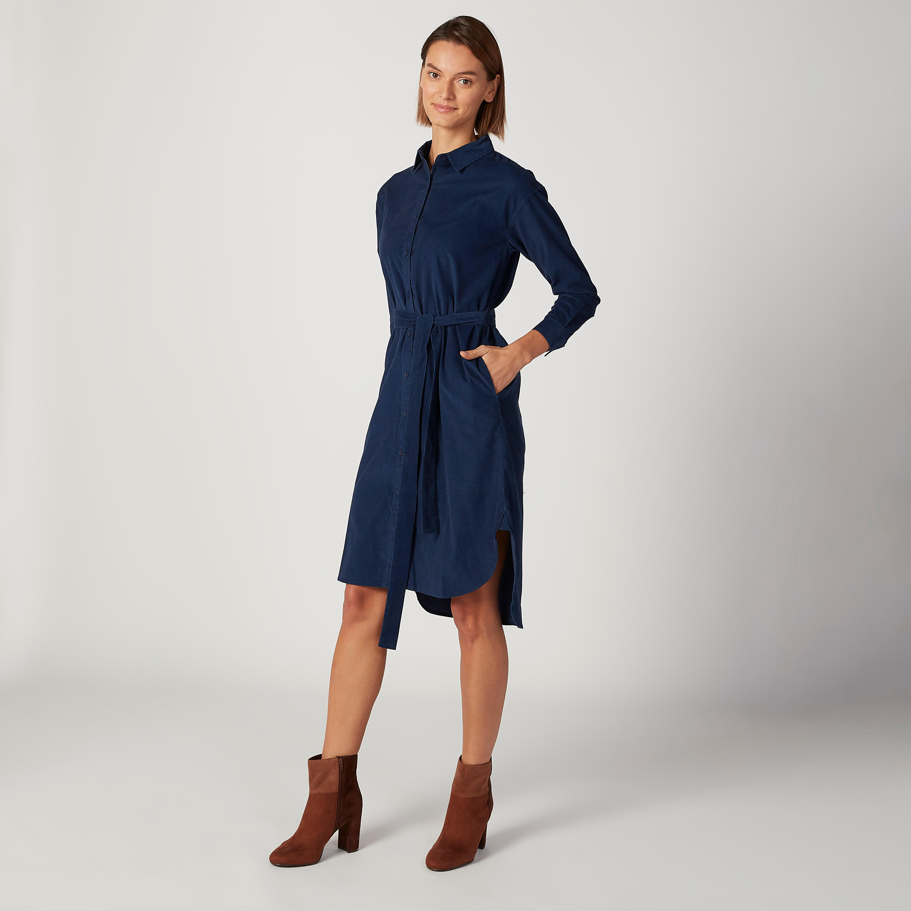 فستان قميص ميدي سادة بأكمام طويلة وجيوب-women-clothing-dresses-image-5