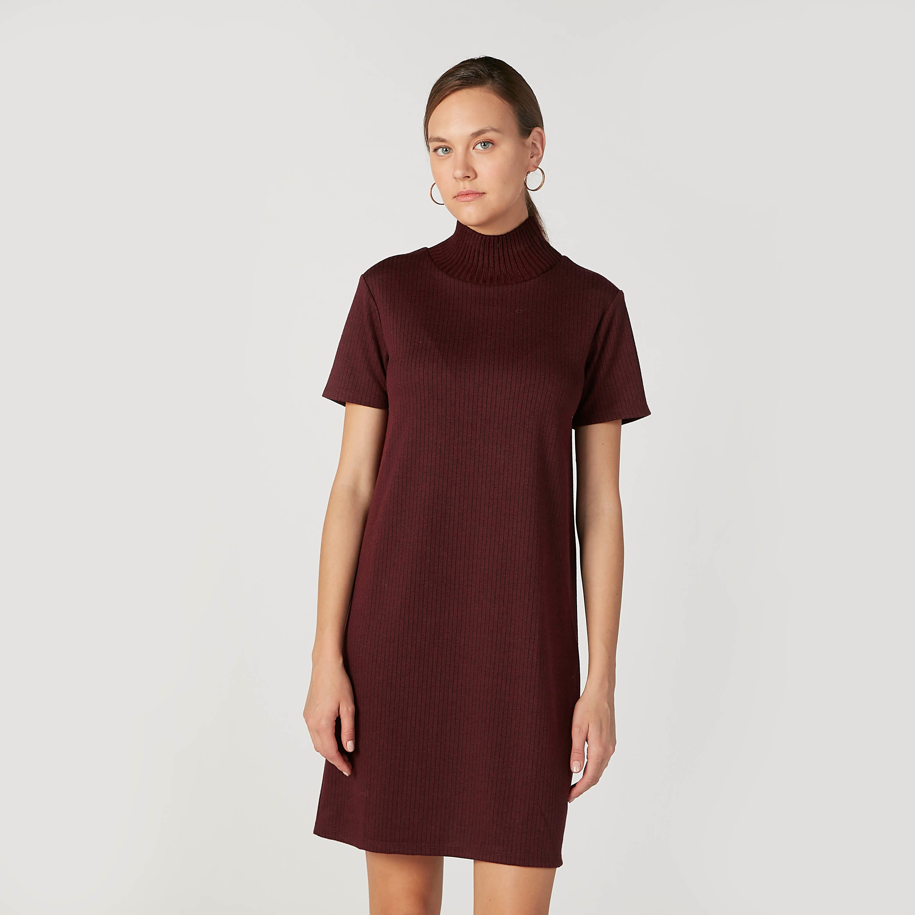فستان قصير واسع بارز الملمس بياقة عالية وأكمام قصيرة-women-clothing-dresses-image-1