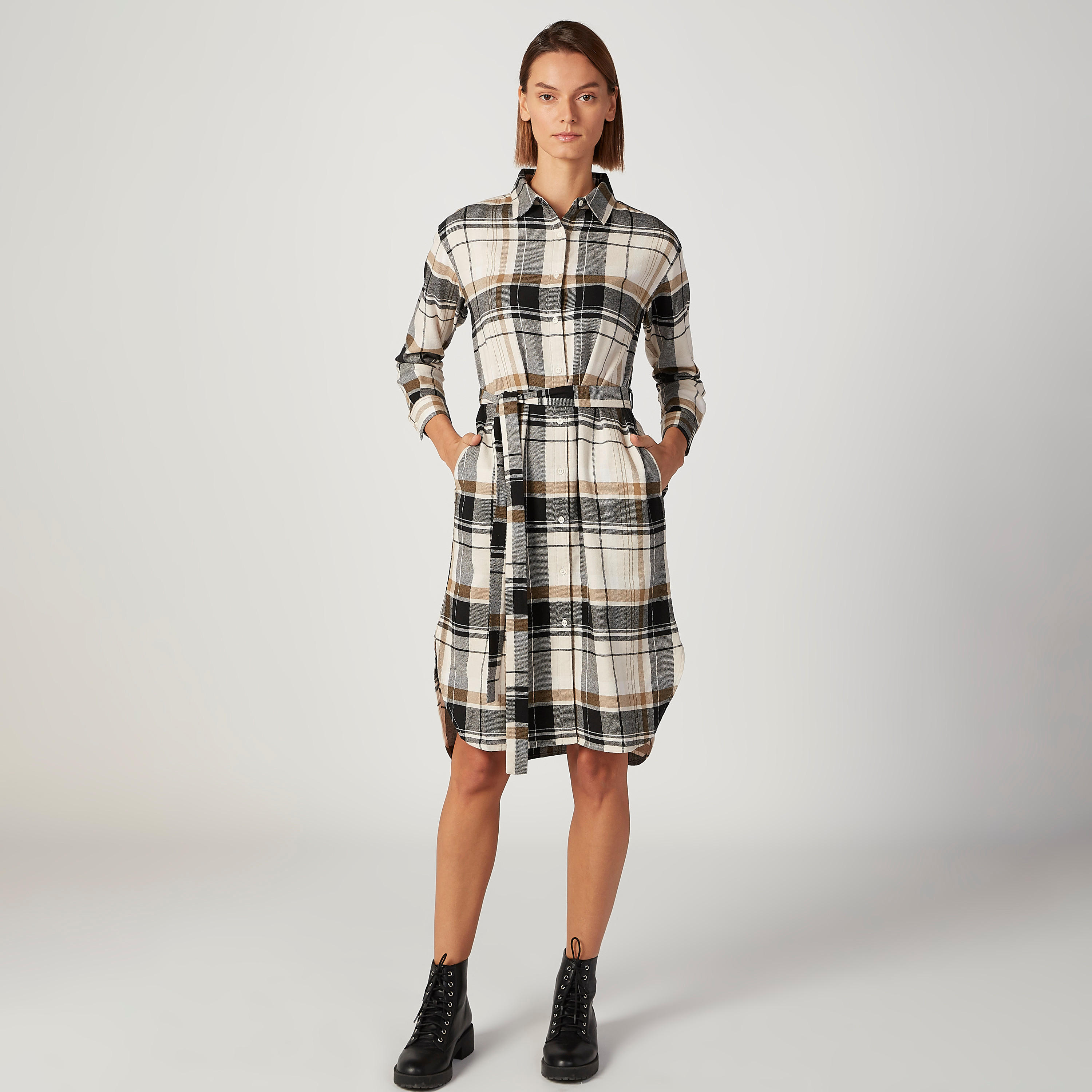 فستان قميص مستدام ميدي كاروهات بأربطة-women-clothing-dresses-image-1
