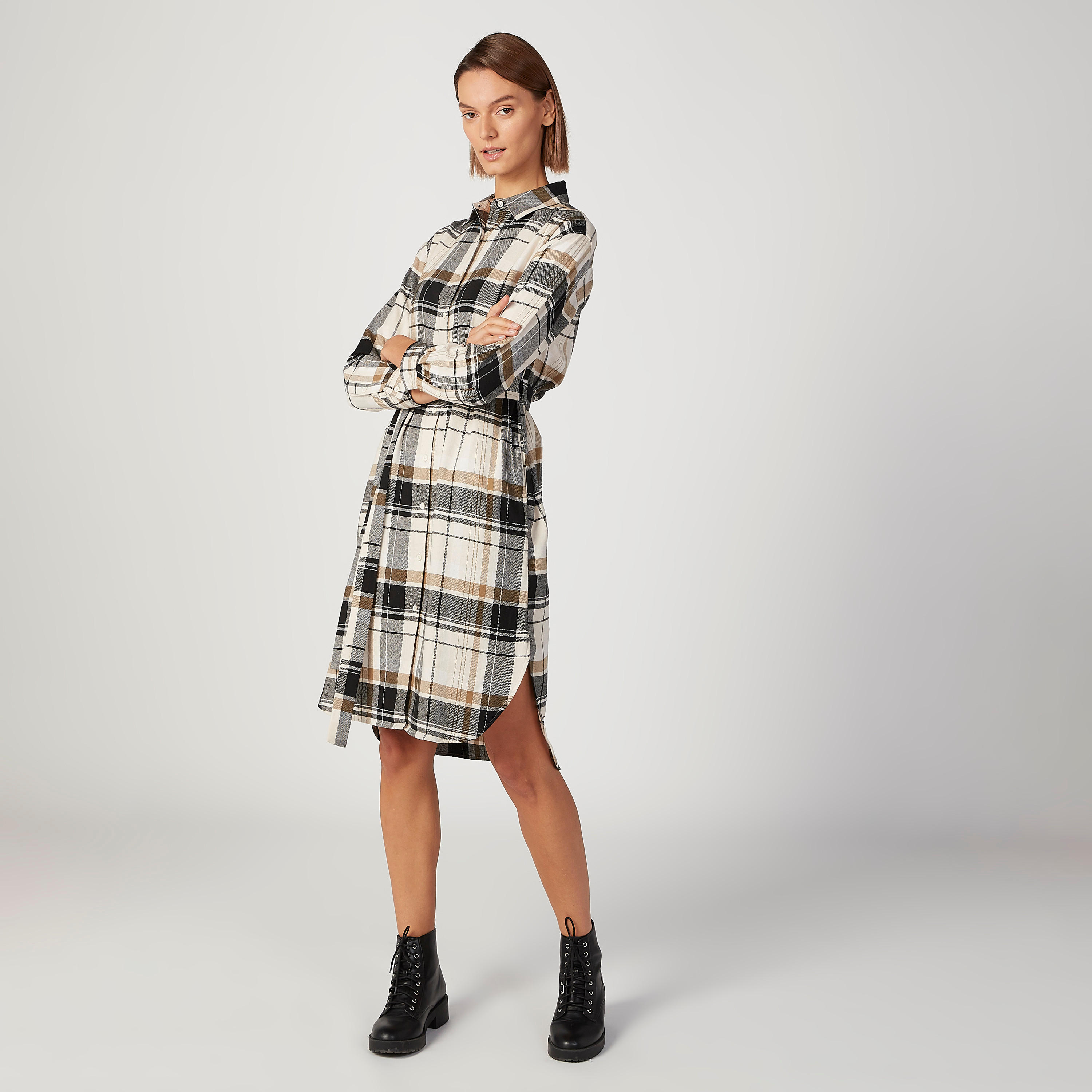 فستان قميص مستدام ميدي كاروهات بأربطة-women-clothing-dresses-image-2