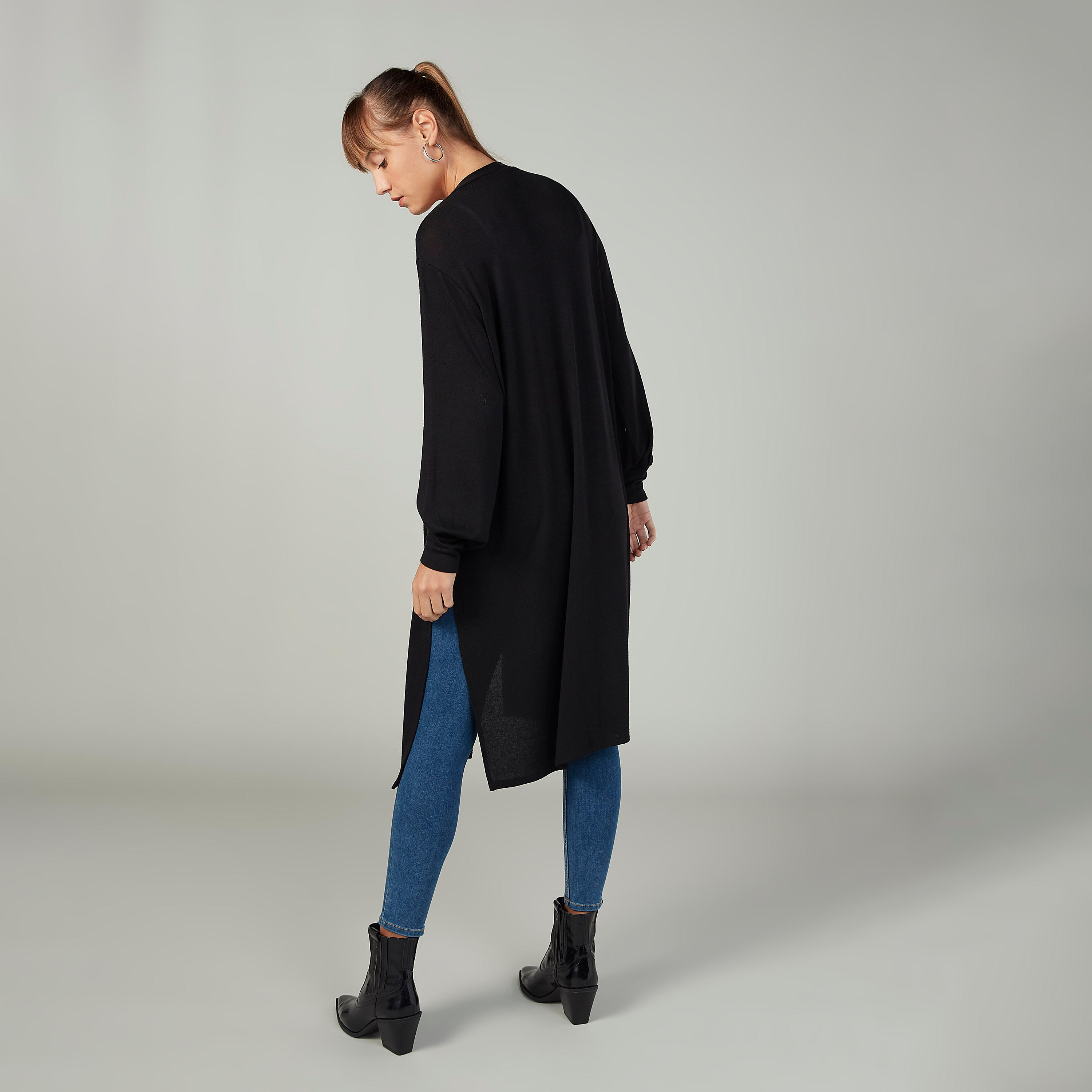 Plain Longline Cardigan with Long Sleeves and Side Slit-women-winterwear-cardigansandjumpers-cardigans-image-4