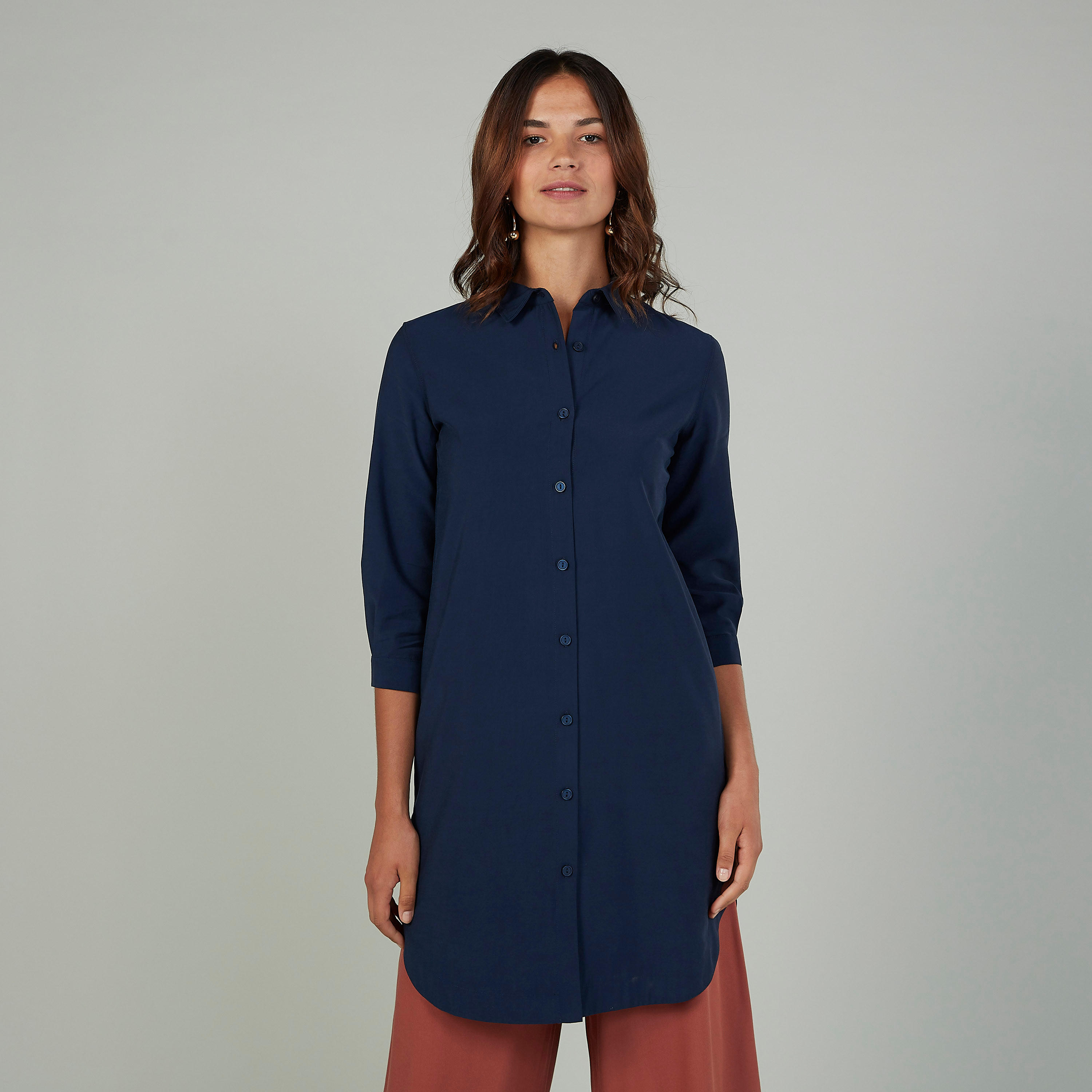 فستان قميص طويل سادة وأكمام 3/4-women-clothing-shirtsandblouses-shirts-image-1