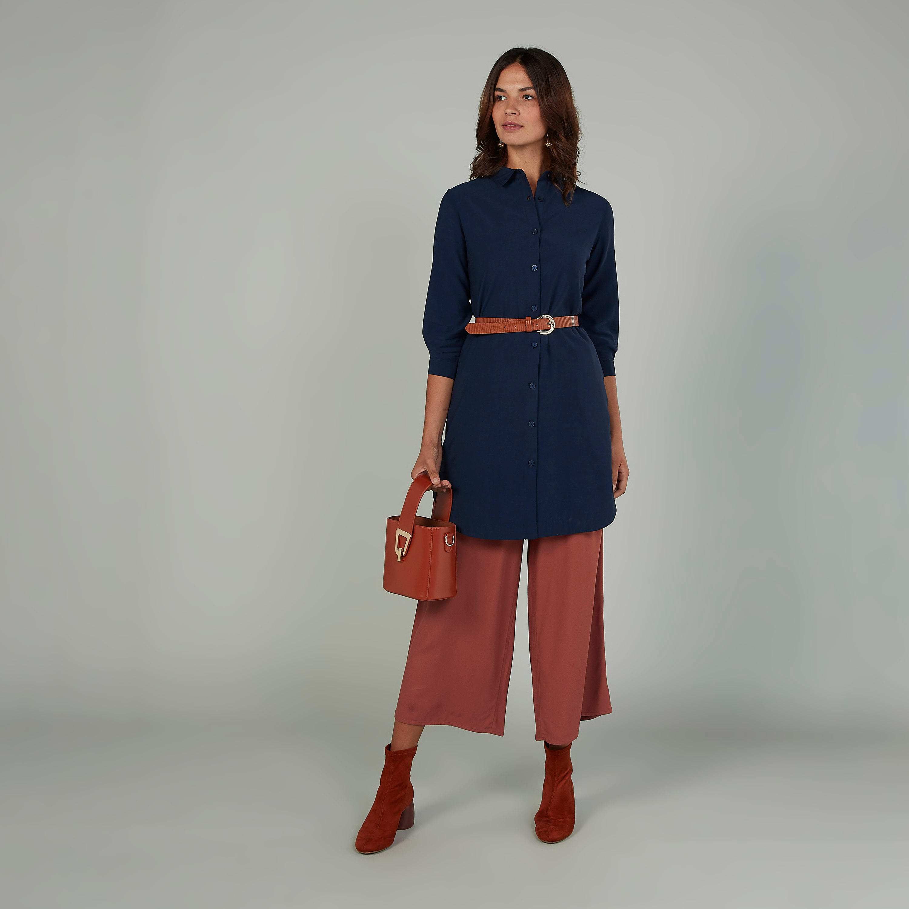 فستان قميص طويل سادة وأكمام 3/4-women-clothing-shirtsandblouses-shirts-image-2