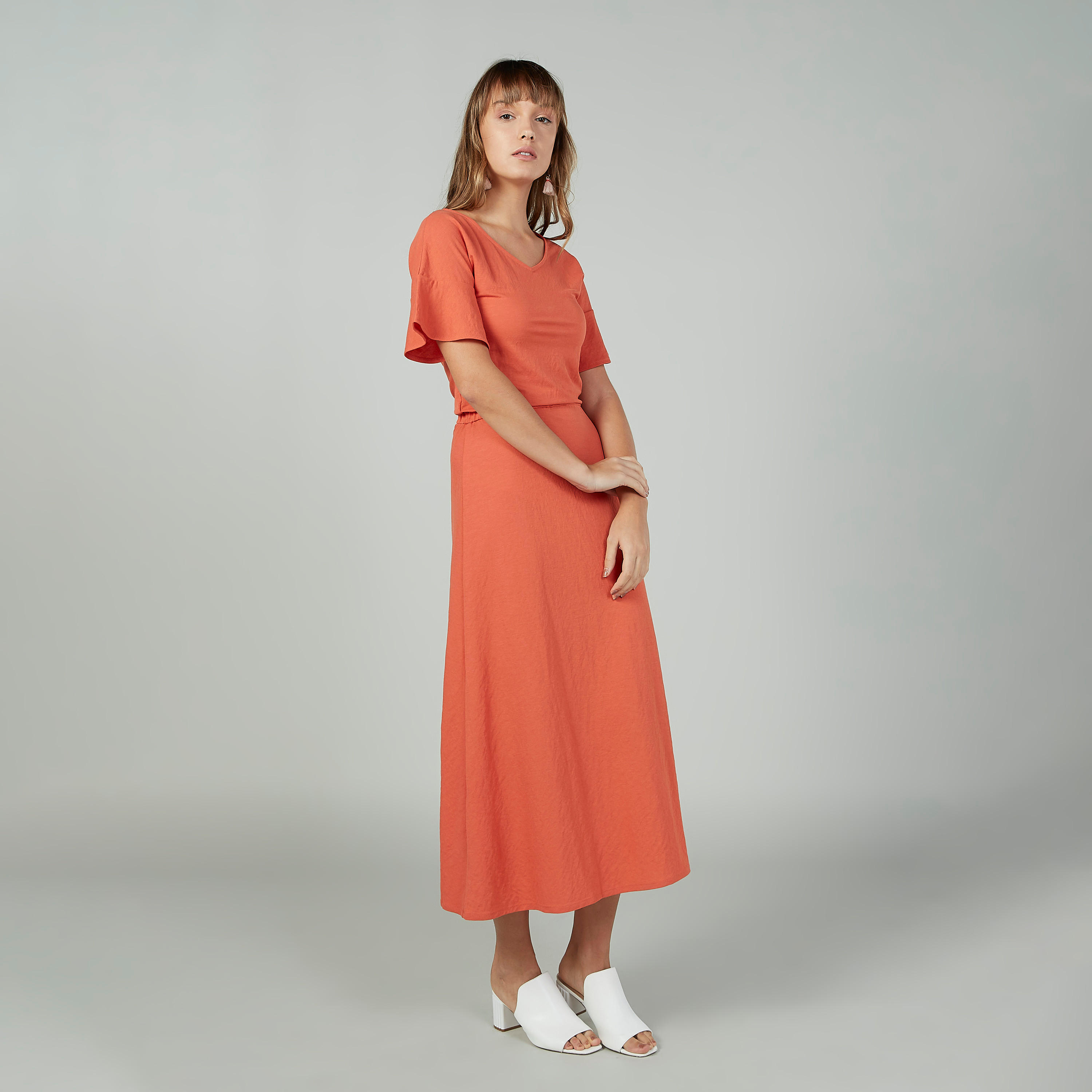 فستان إيه لاين ميدي سادة بياقة v وأكمام واسعة-women-clothing-dresses-image-2