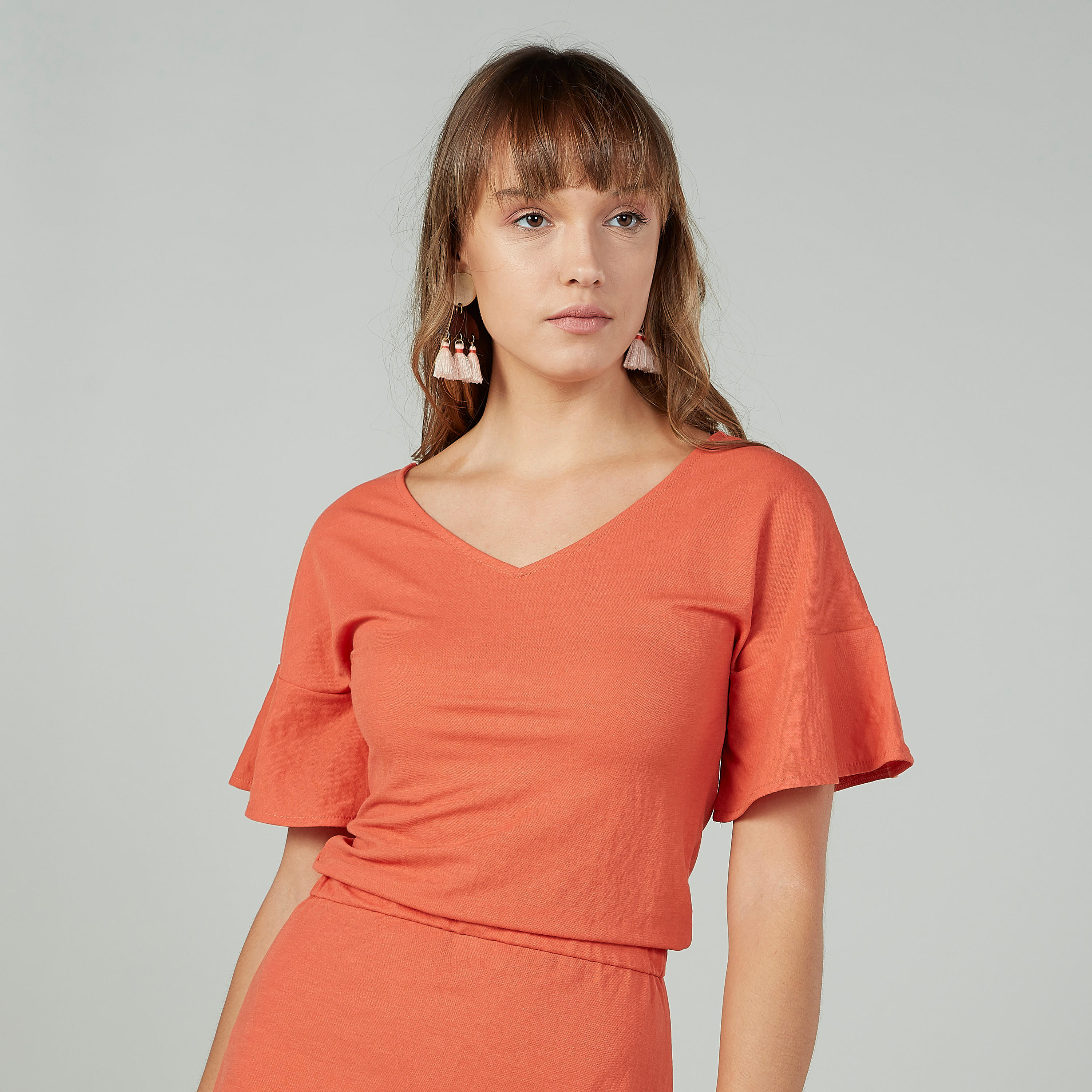 فستان إيه لاين ميدي سادة بياقة v وأكمام واسعة-women-clothing-dresses-image-3