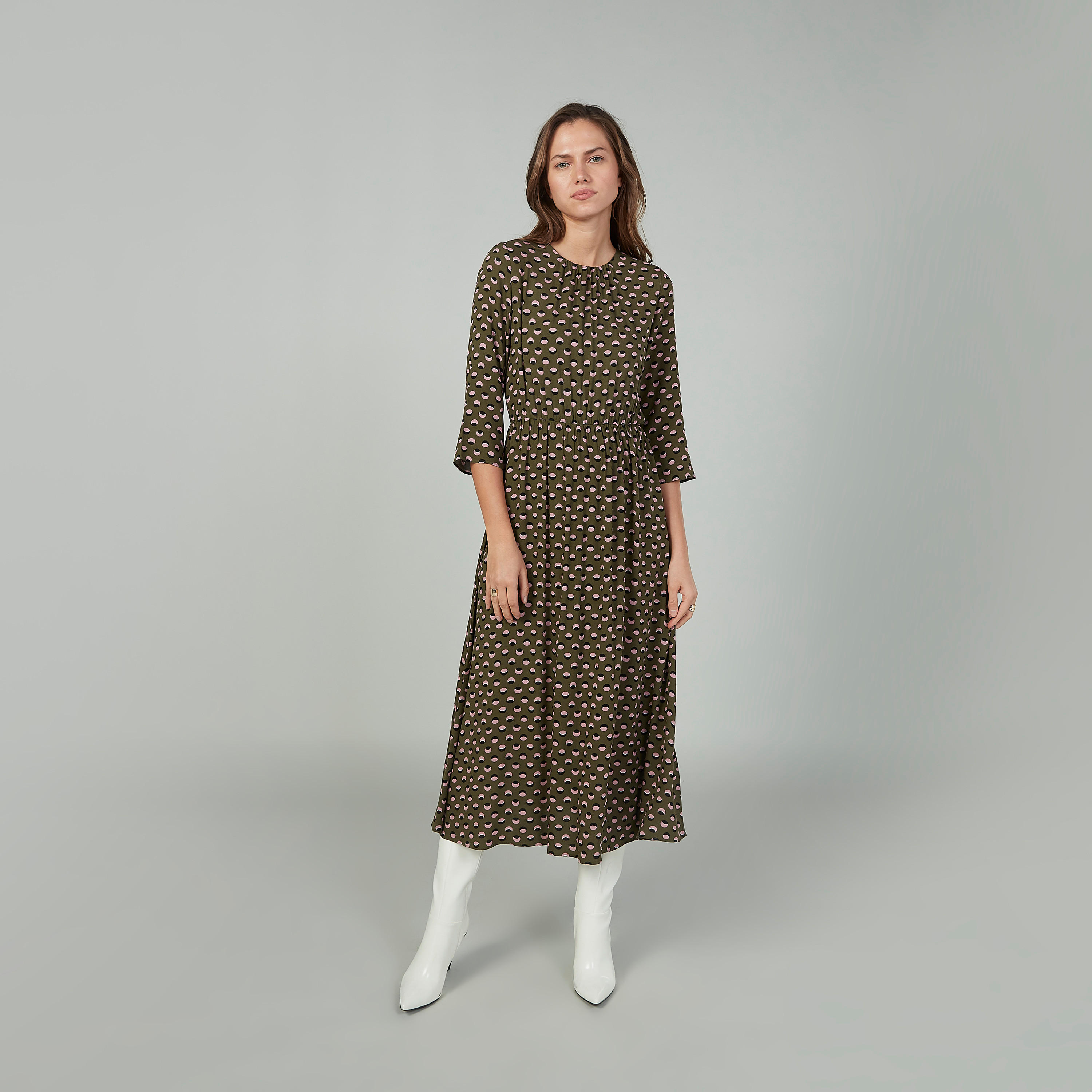 فستان مستدام إيه لاين بطبعات وياقة مستديرة وأكمام 3/4-women-clothing-dresses-image-1