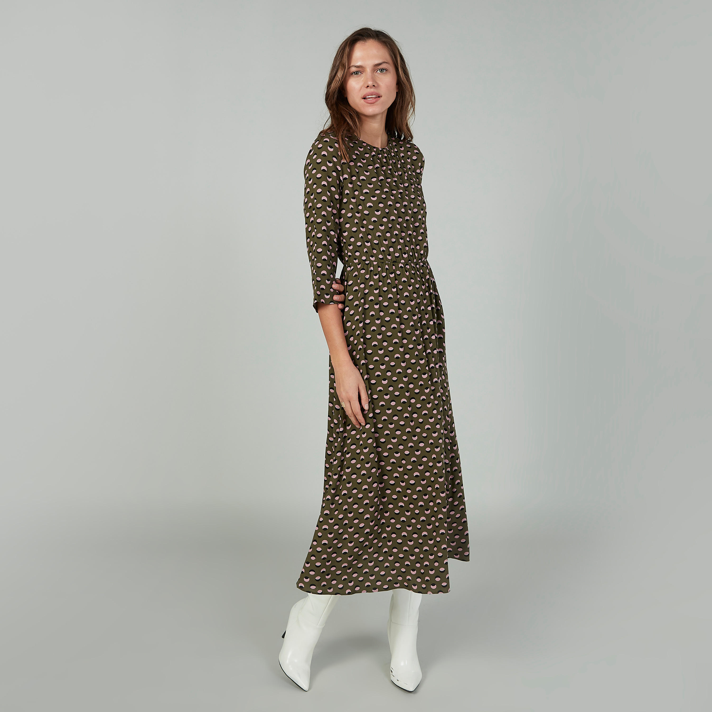 فستان مستدام إيه لاين بطبعات وياقة مستديرة وأكمام 3/4-women-clothing-dresses-image-2