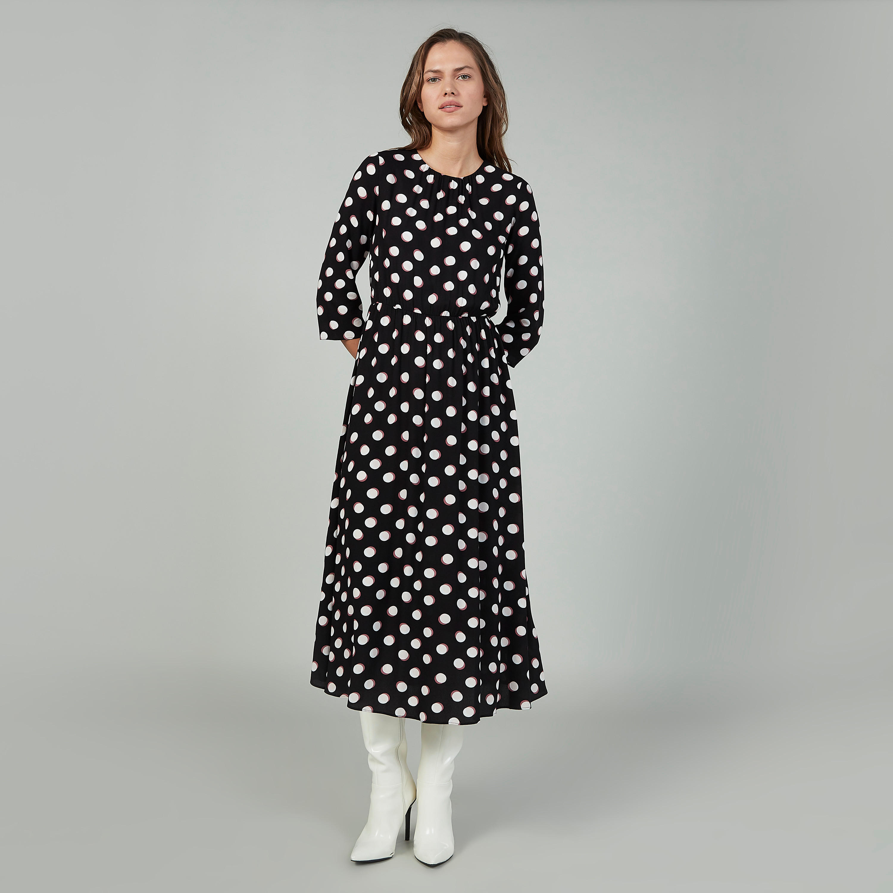 فستان مستدام إيه لاين بطبعات وياقة مستديرة وأكمام 3/4-women-clothing-dresses-image-1