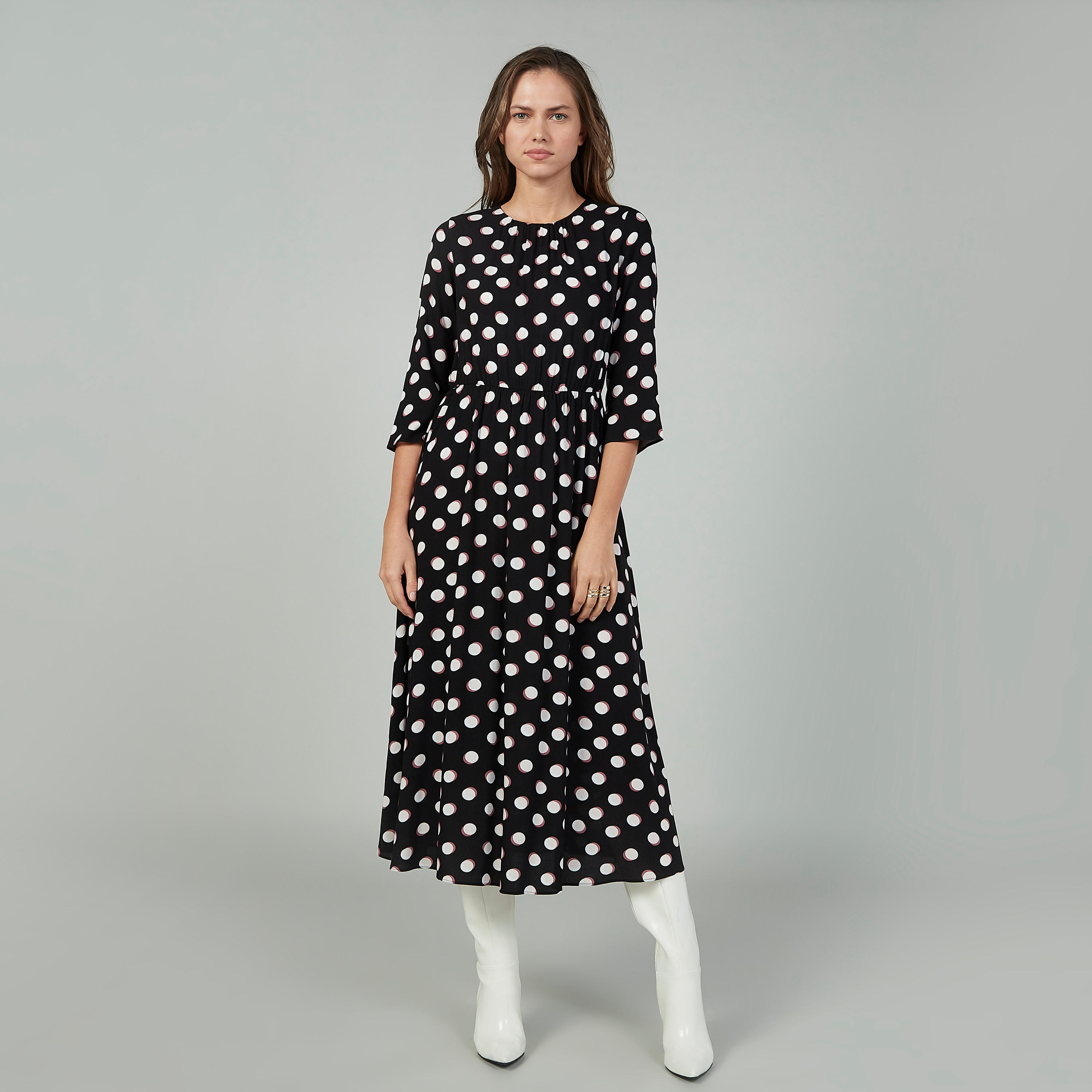 فستان مستدام إيه لاين بطبعات وياقة مستديرة وأكمام 3/4-women-clothing-dresses-image-2