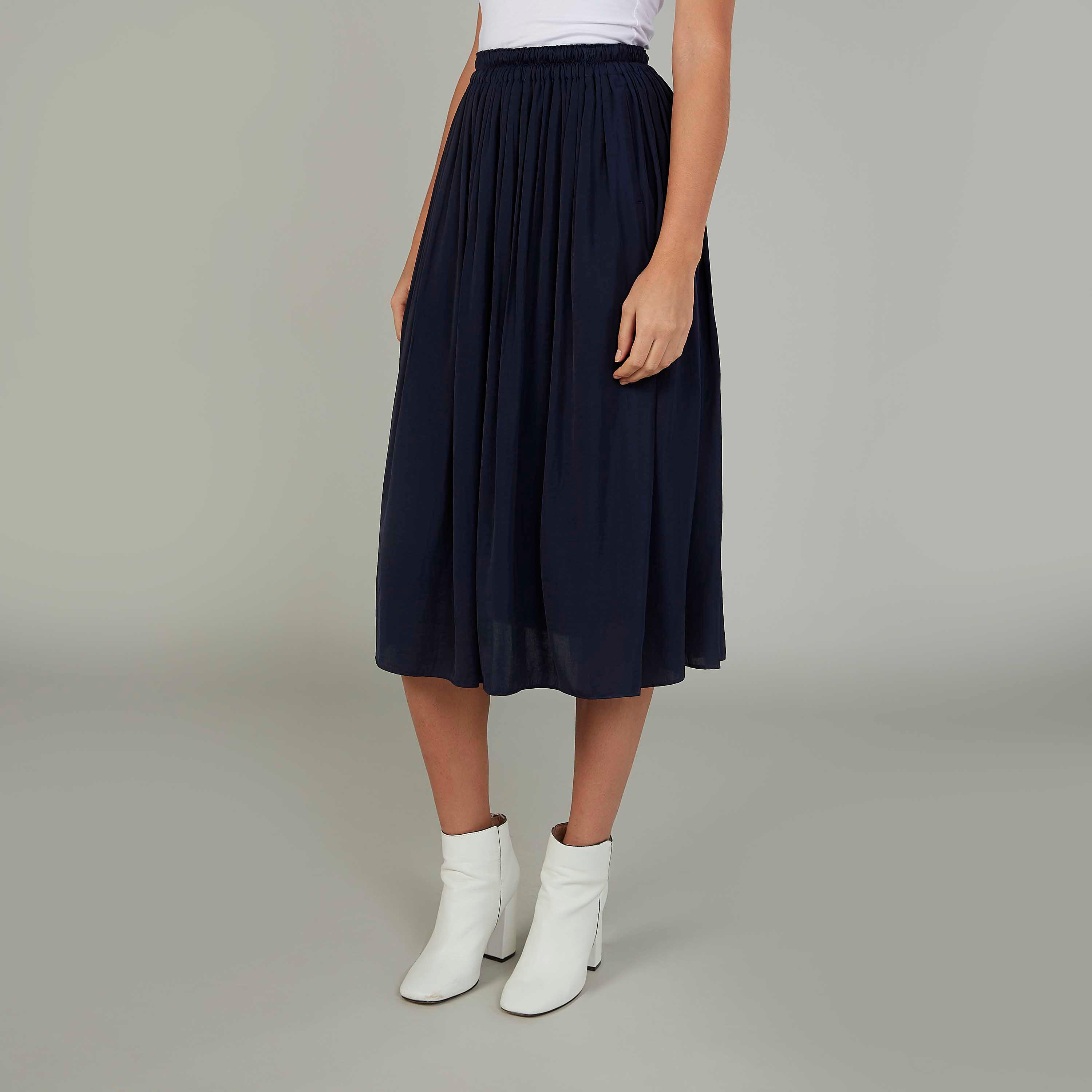 تنورة متوسطة الطول إيه لاين سادة بخصر مطّاطي وجيوب-women-clothing-bottoms-skirts-image-1