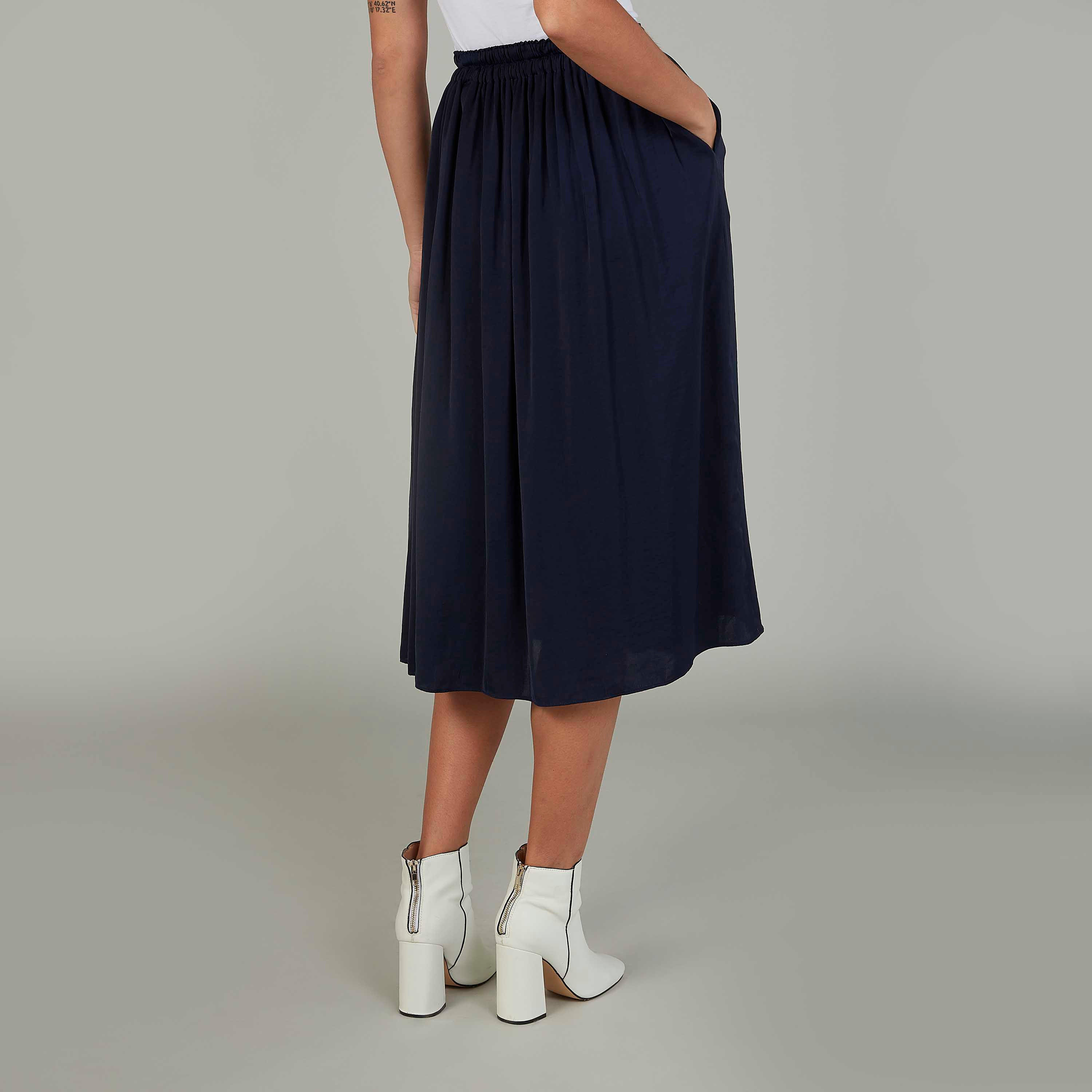 تنورة متوسطة الطول إيه لاين سادة بخصر مطّاطي وجيوب-women-clothing-bottoms-skirts-image-4