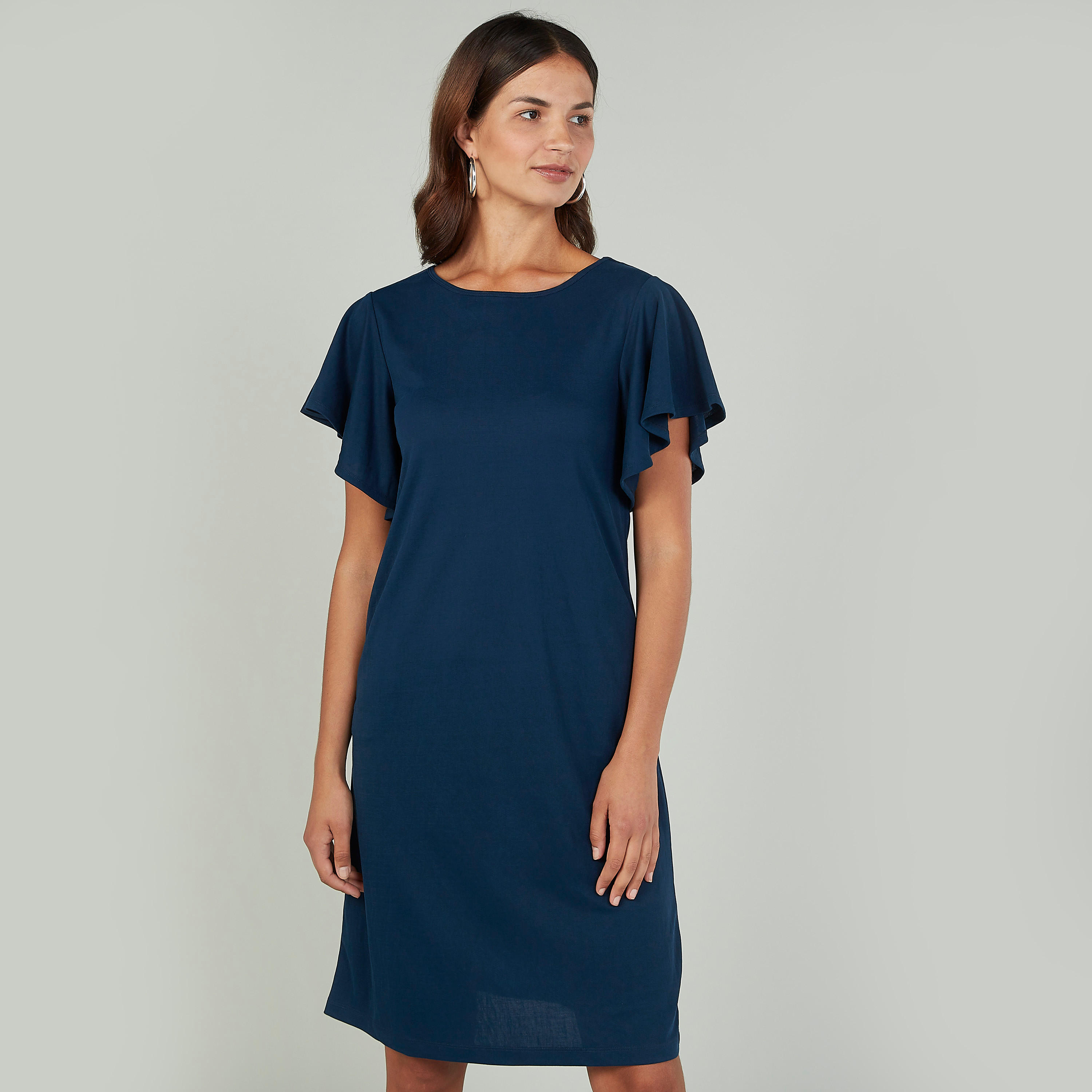 فستان مستدام واسع متوسط الطول سادة بأكمام كشكش   -women-clothing-dresses-image-1