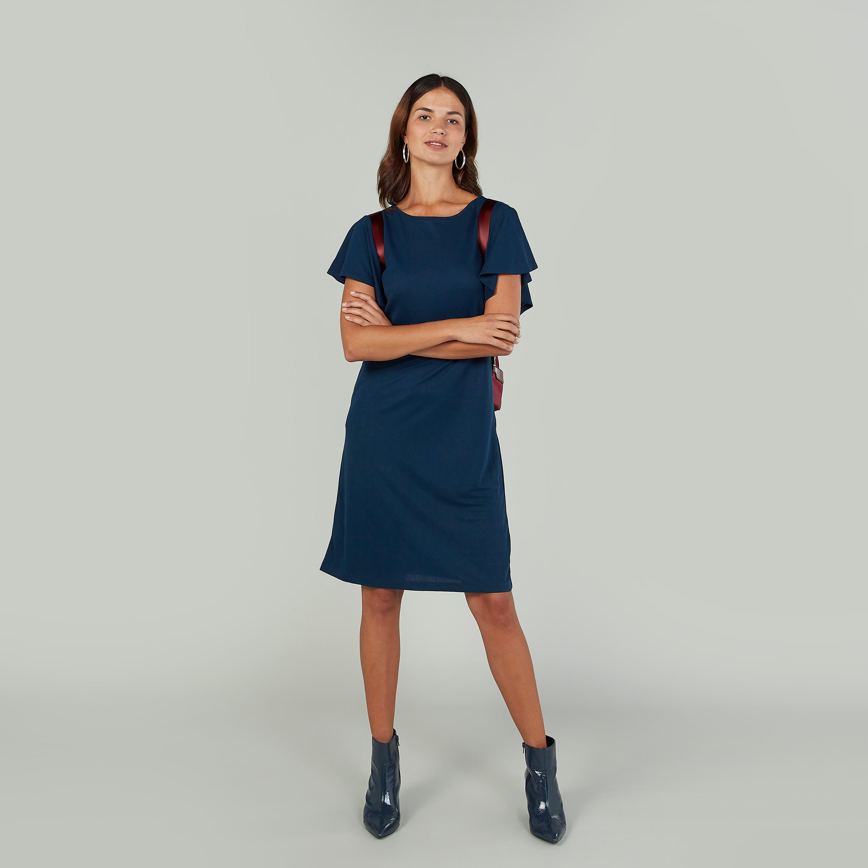 فستان مستدام واسع متوسط الطول سادة بأكمام كشكش   -women-clothing-dresses-image-2