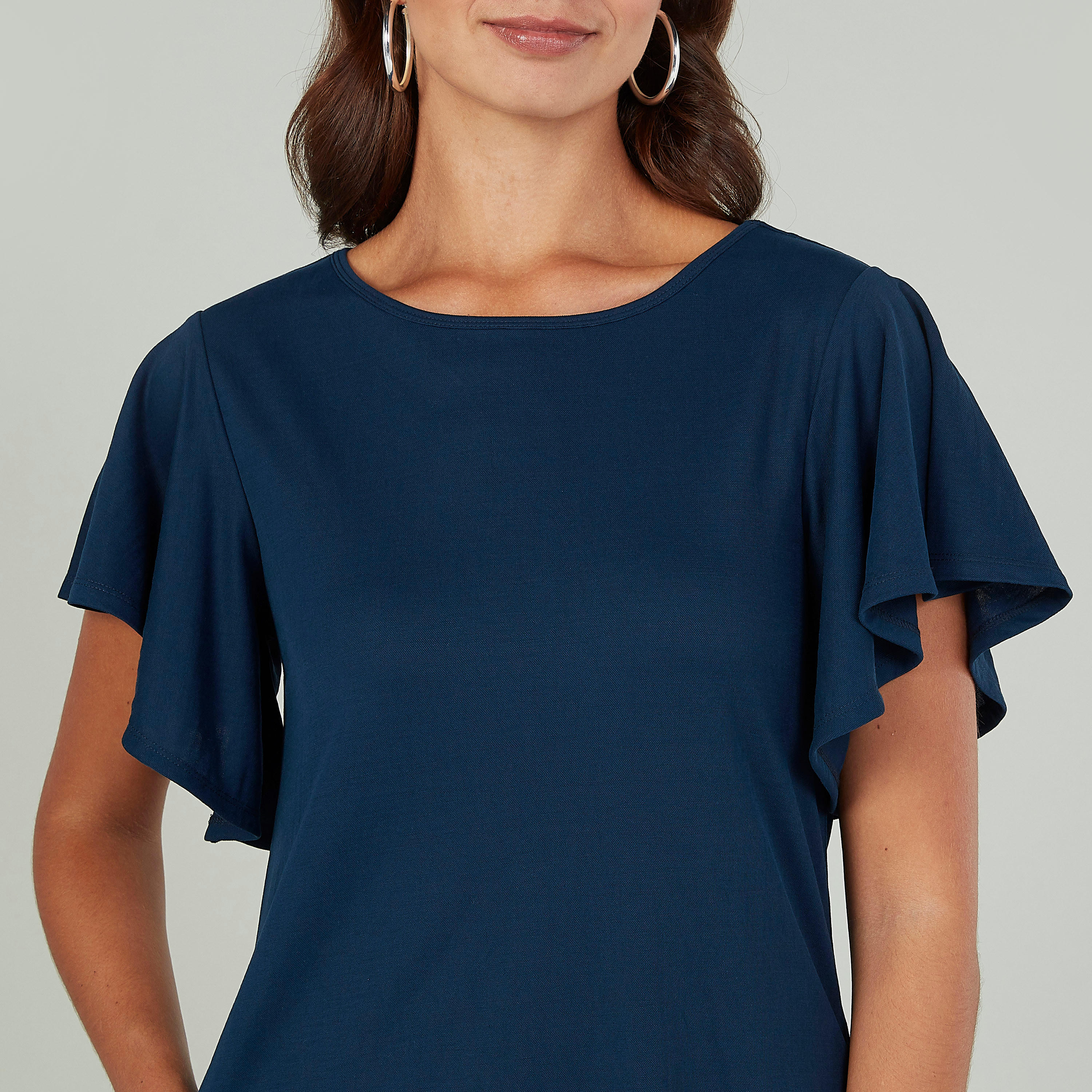 فستان مستدام واسع متوسط الطول سادة بأكمام كشكش   -women-clothing-dresses-image-3