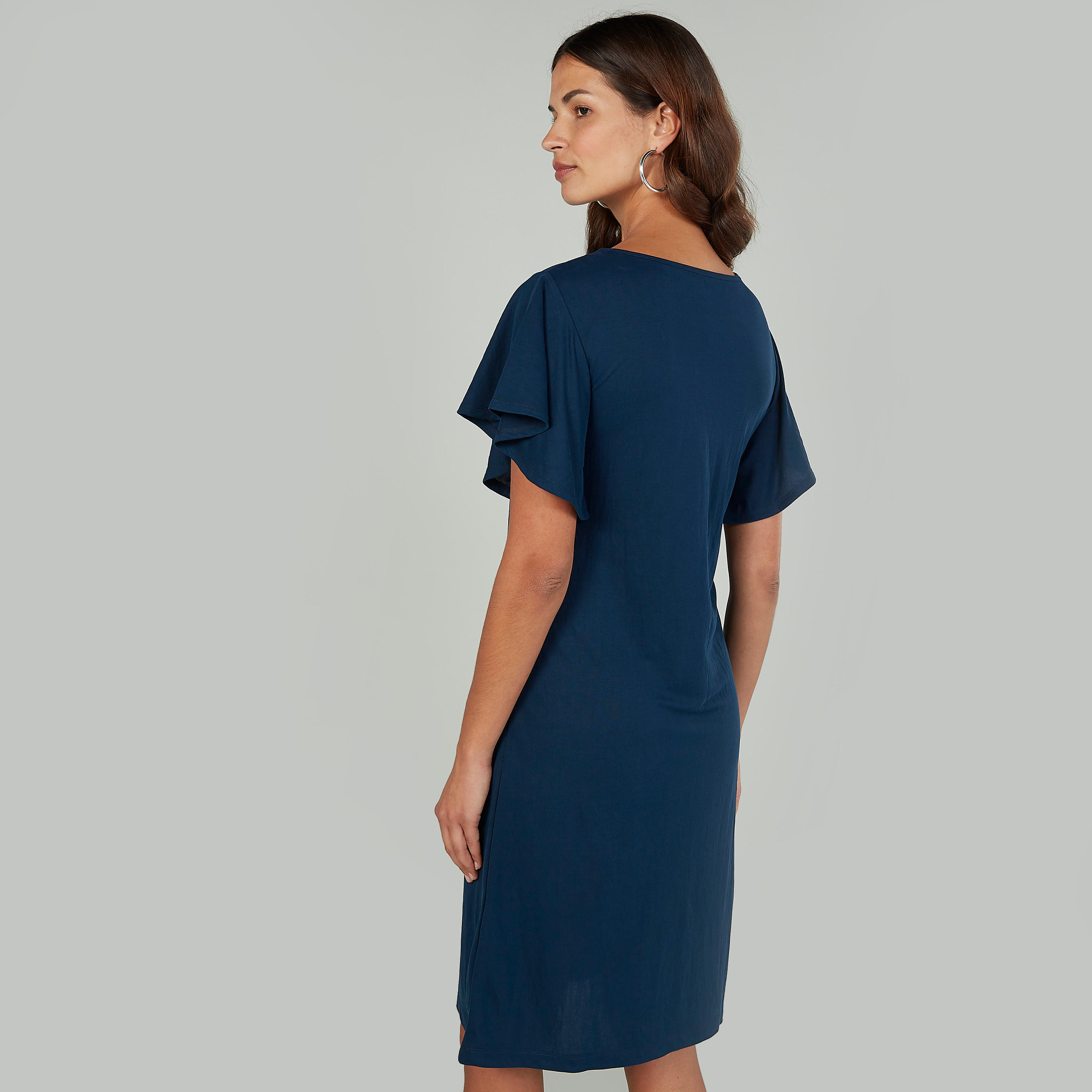 فستان مستدام واسع متوسط الطول سادة بأكمام كشكش   -women-clothing-dresses-image-4