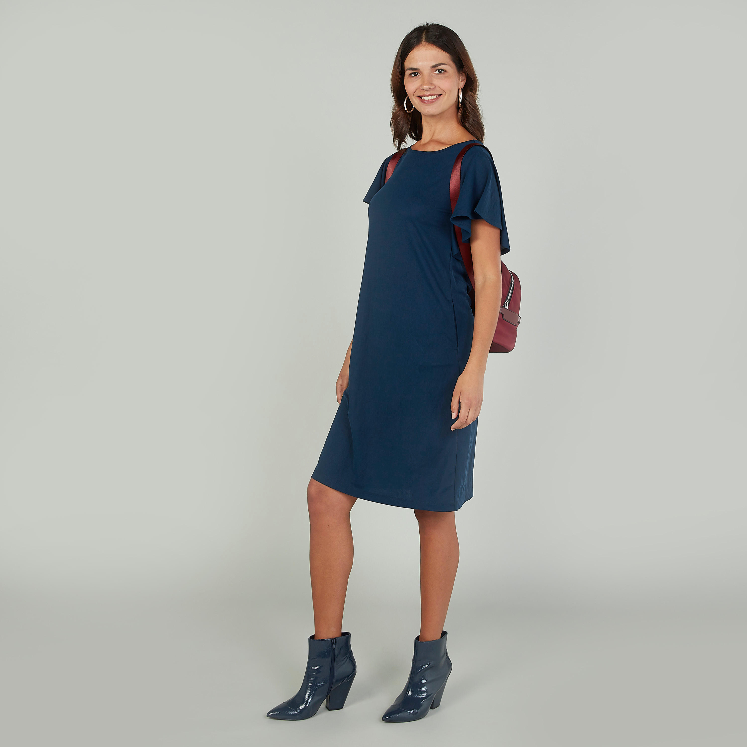 فستان مستدام واسع متوسط الطول سادة بأكمام كشكش   -women-clothing-dresses-image-5