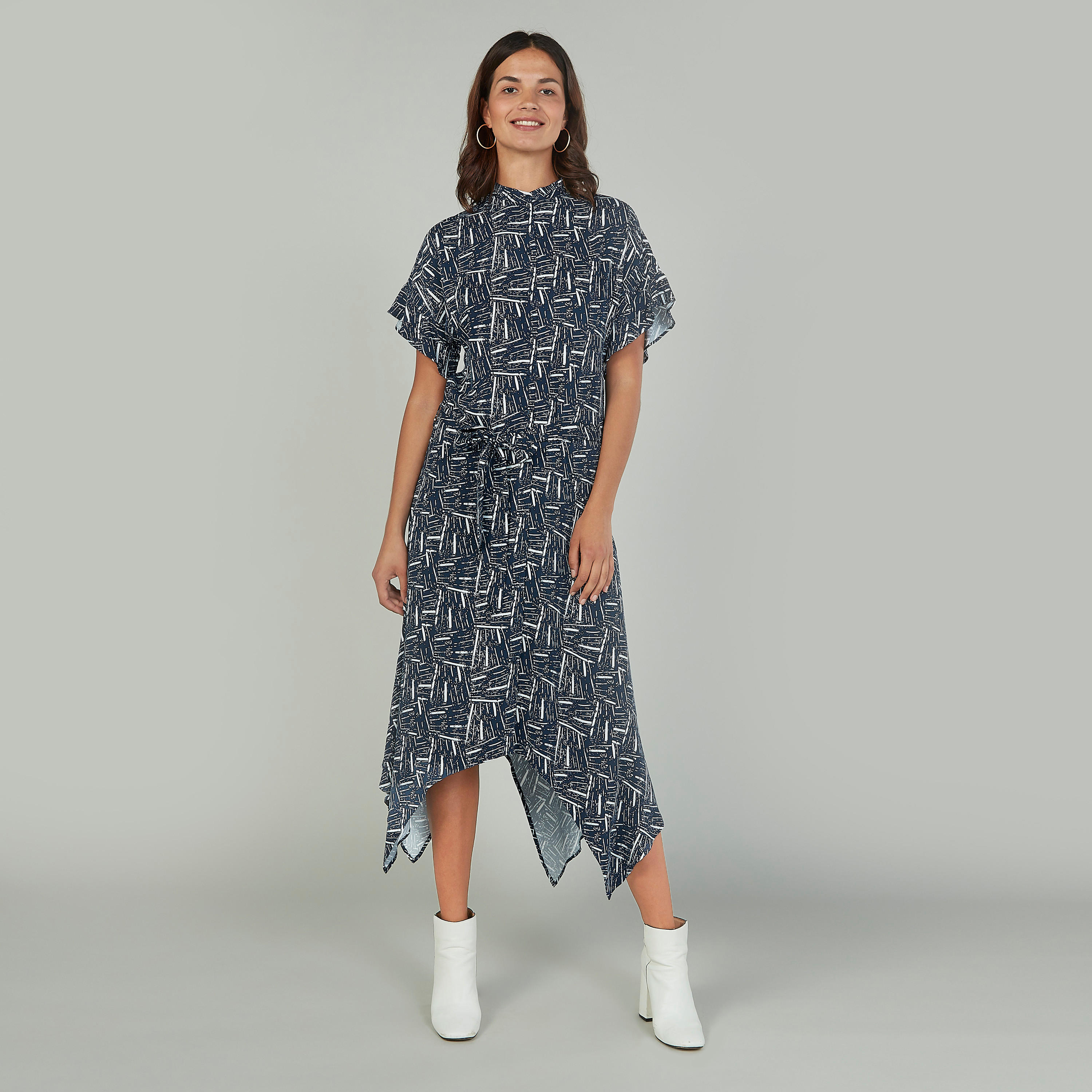 فستان مستدام متوسط الطول بأكمام قصيرة وأربطة وطبعات -women-clothing-dresses-image-1