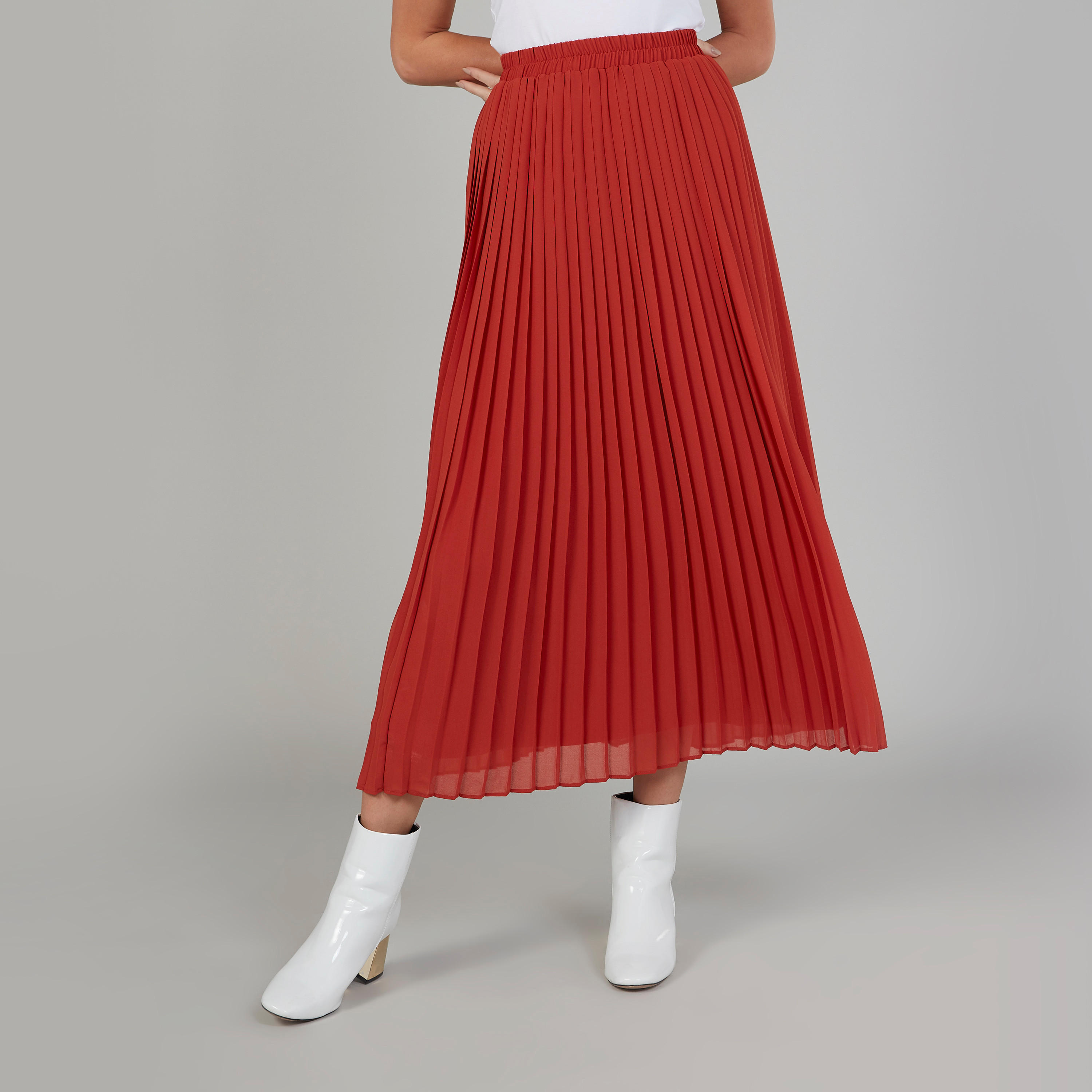 تنورة سادة ايه لاين متوسطة الطول بخصر مطّاطي وثنايا-women-clothing-bottoms-skirts-image-1