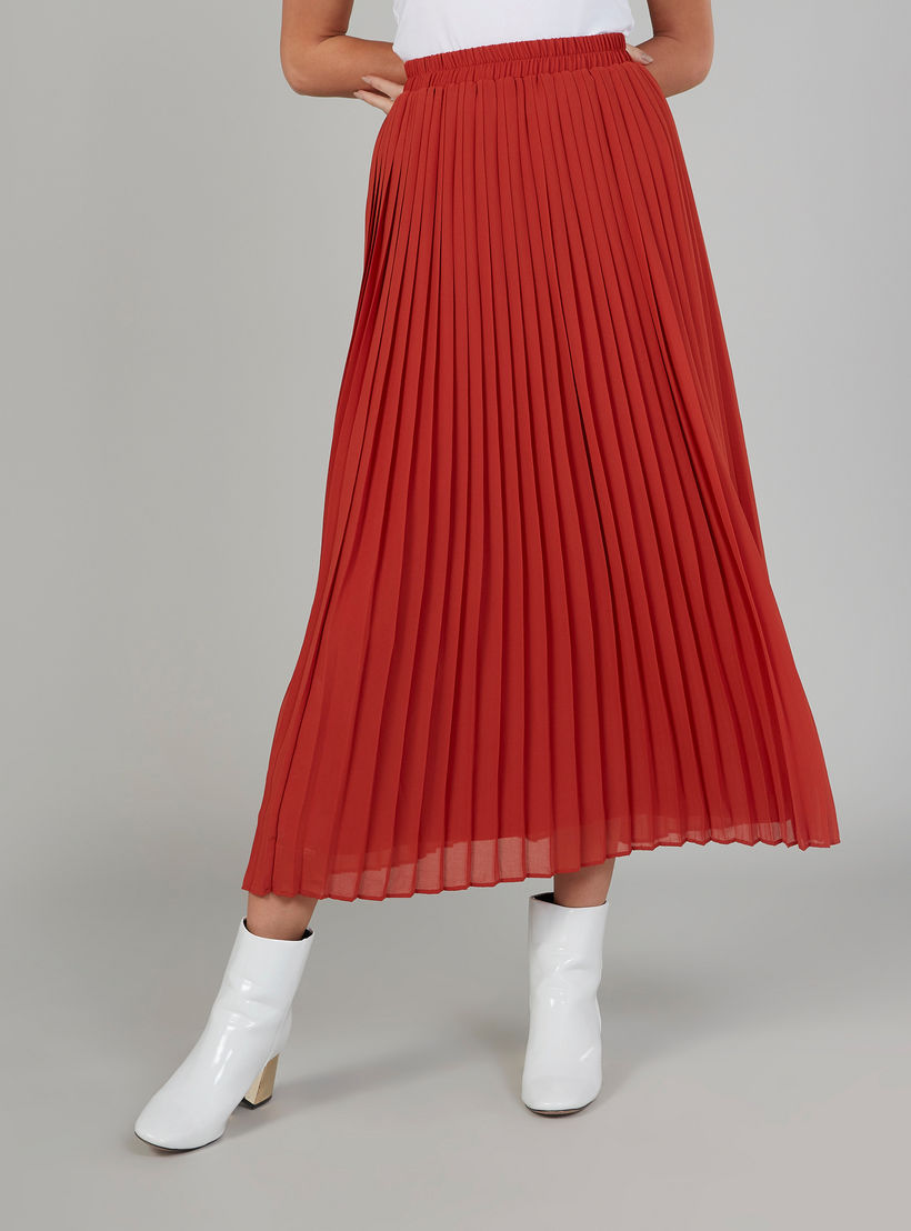تنورة سادة ايه لاين متوسطة الطول بخصر مطّاطي وثنايا-women-clothing-bottoms-skirts-image-1