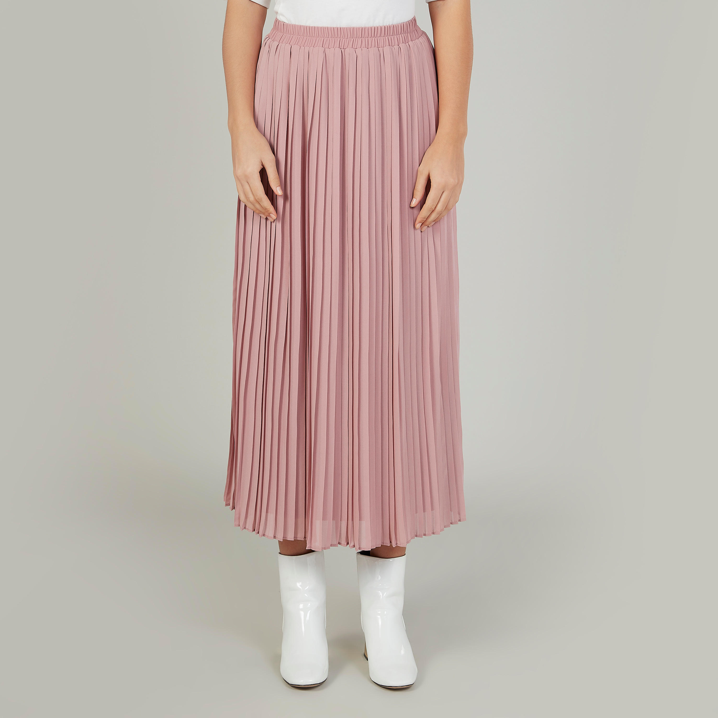 تنورة ميدي ايه لاين بارزة الملمس بخصر مطّاطي وكسرات-women-clothing-bottoms-skirts-image-1