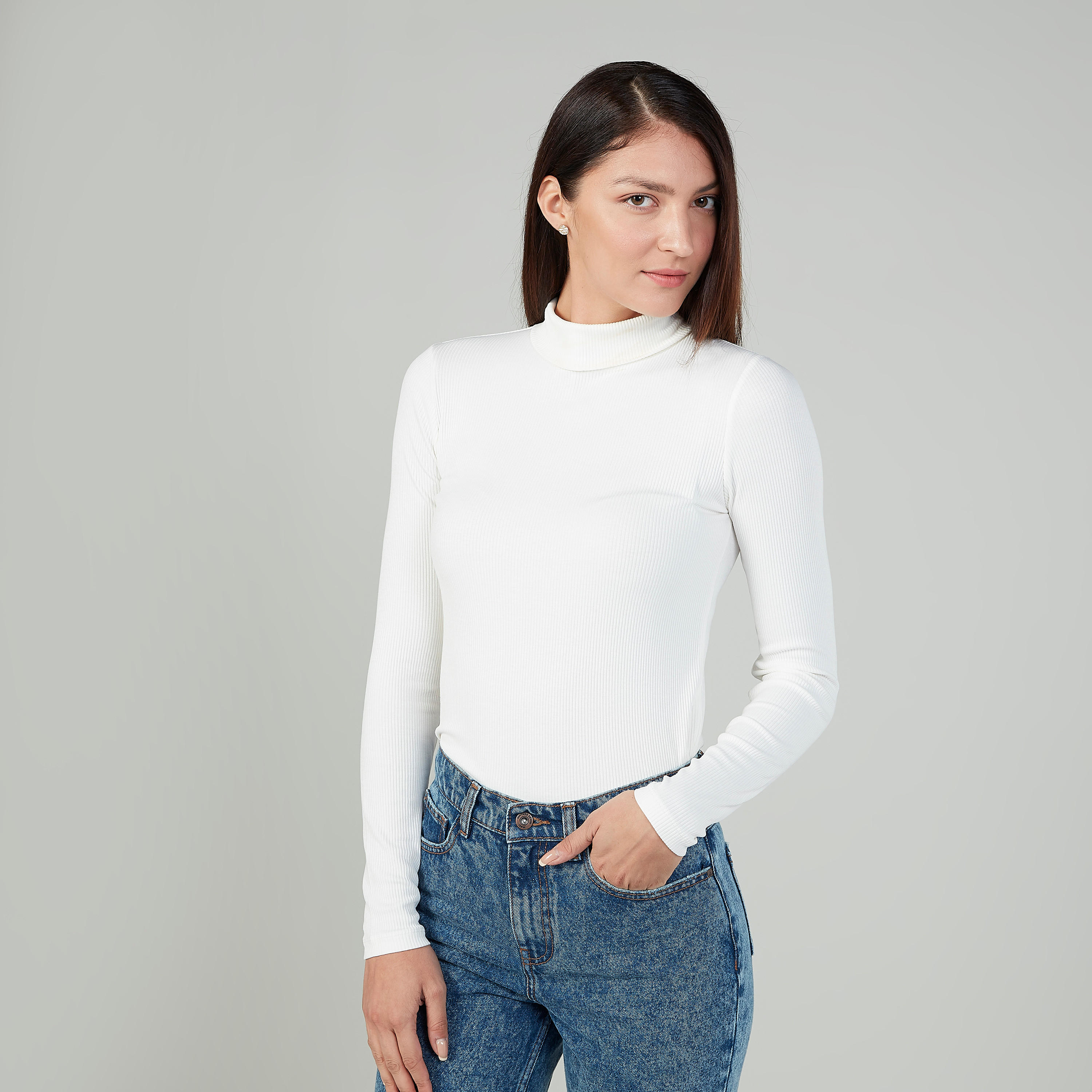 Slim Fit Textured Top with Turtleneck and Long Sleeves-women-clothing-tshirts-image-1