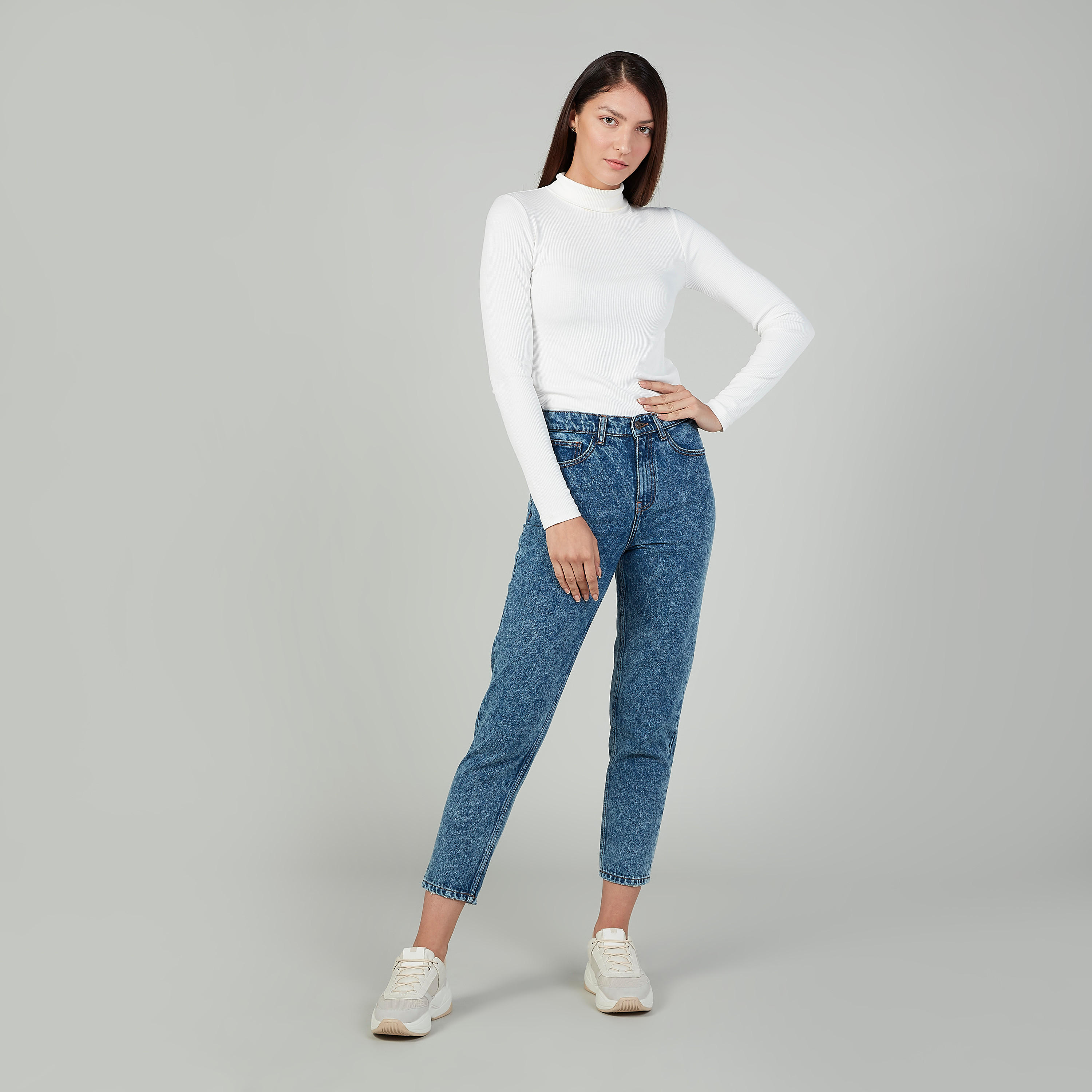Slim Fit Textured Top with Turtleneck and Long Sleeves-women-clothing-tshirts-image-2