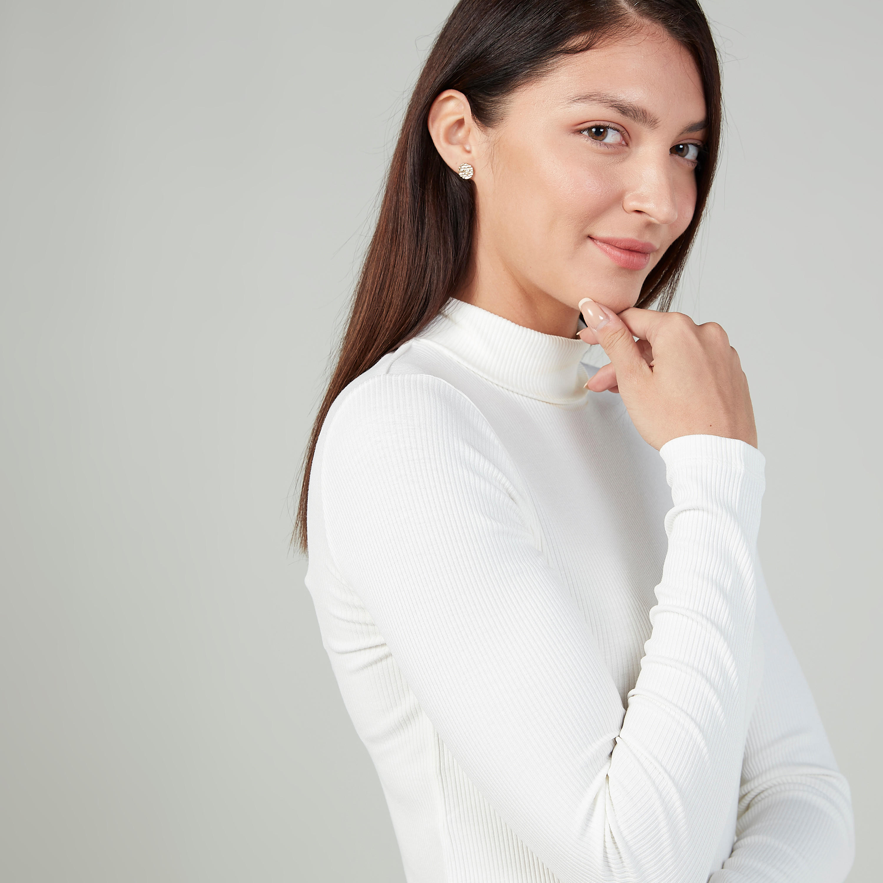 Slim Fit Textured Top with Turtleneck and Long Sleeves-women-clothing-tshirts-image-3