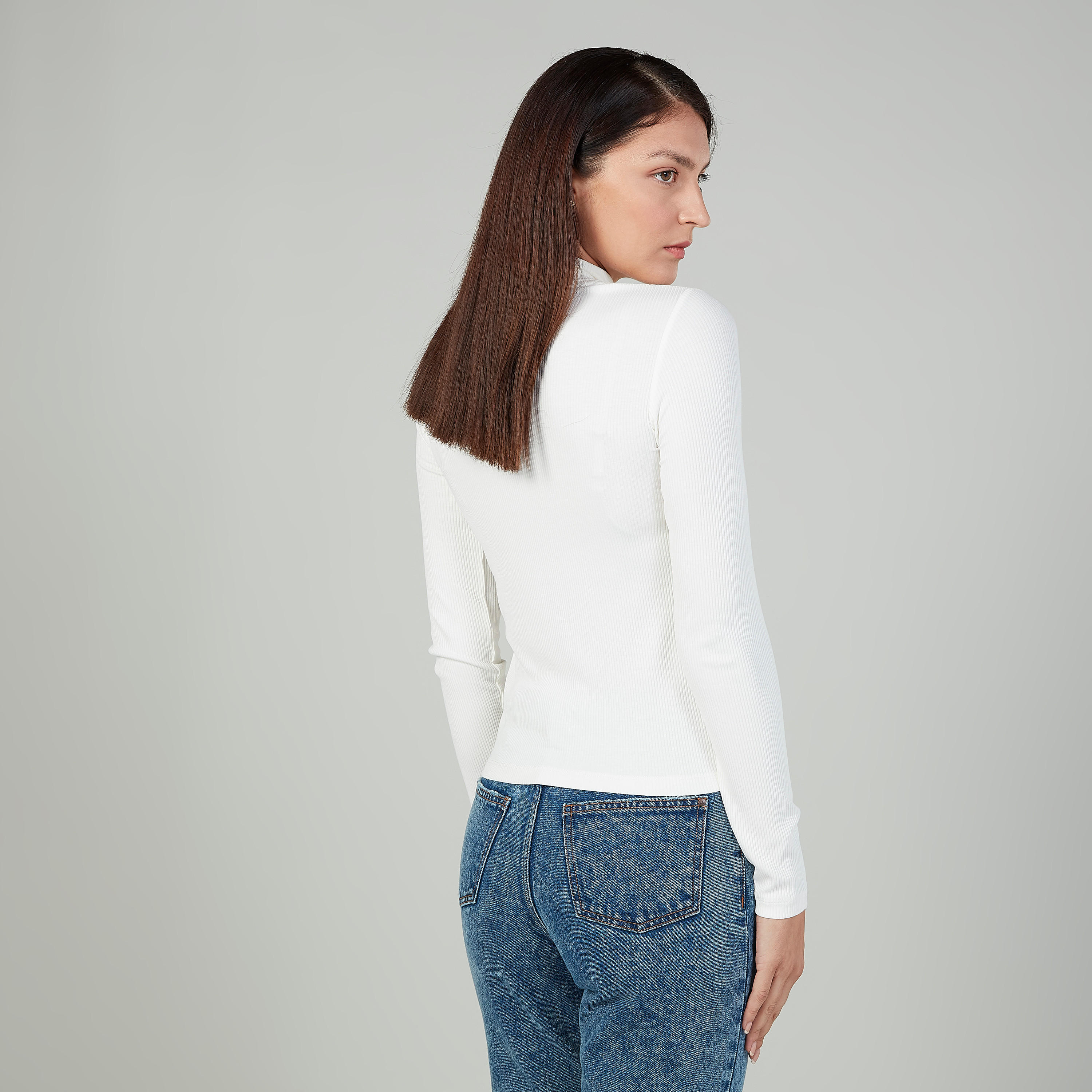 Slim Fit Textured Top with Turtleneck and Long Sleeves-women-clothing-tshirts-image-4