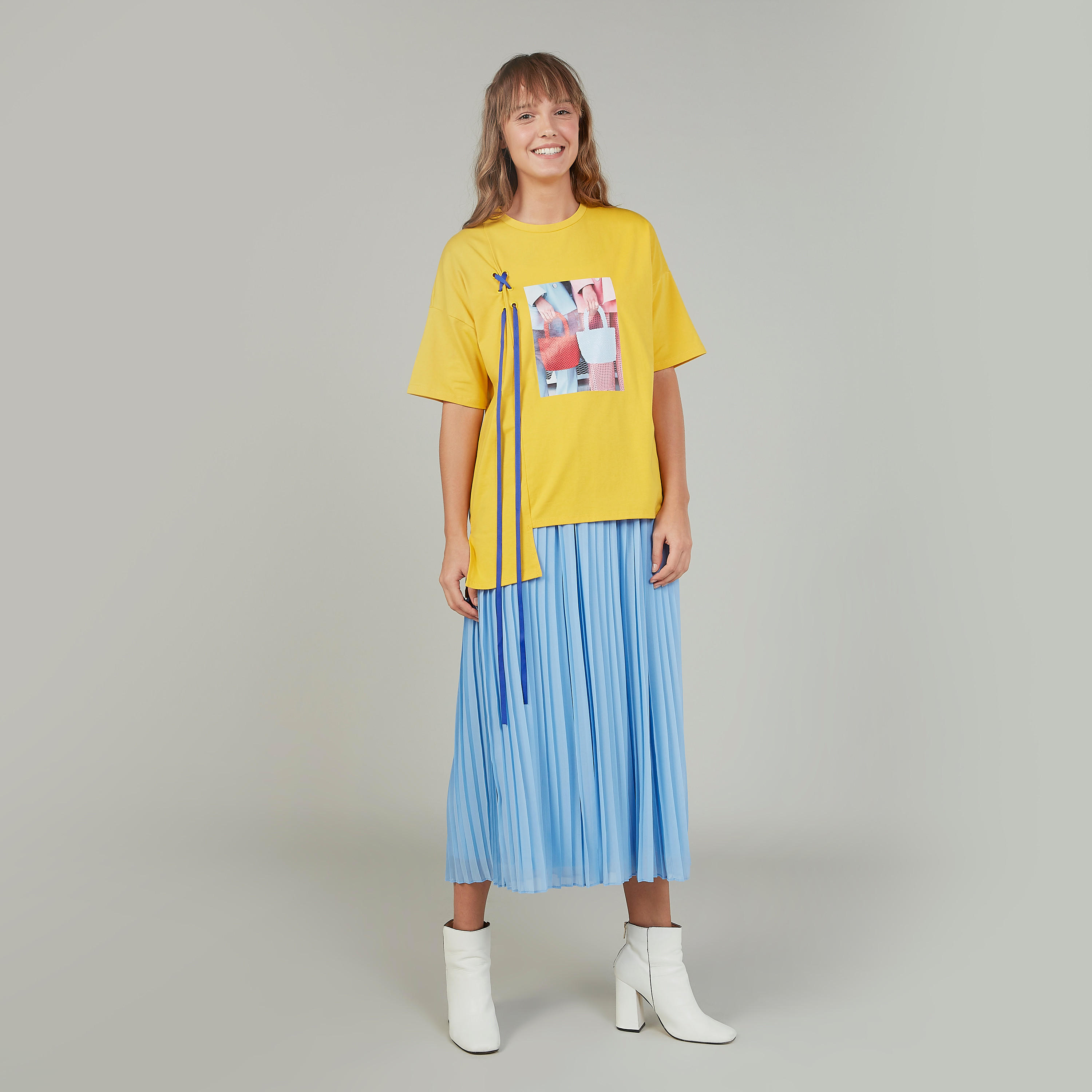 تنورة ميدي إيه لاين سادة بخصر مطّاطي وكسرات-women-clothing-bottoms-skirts-image-2