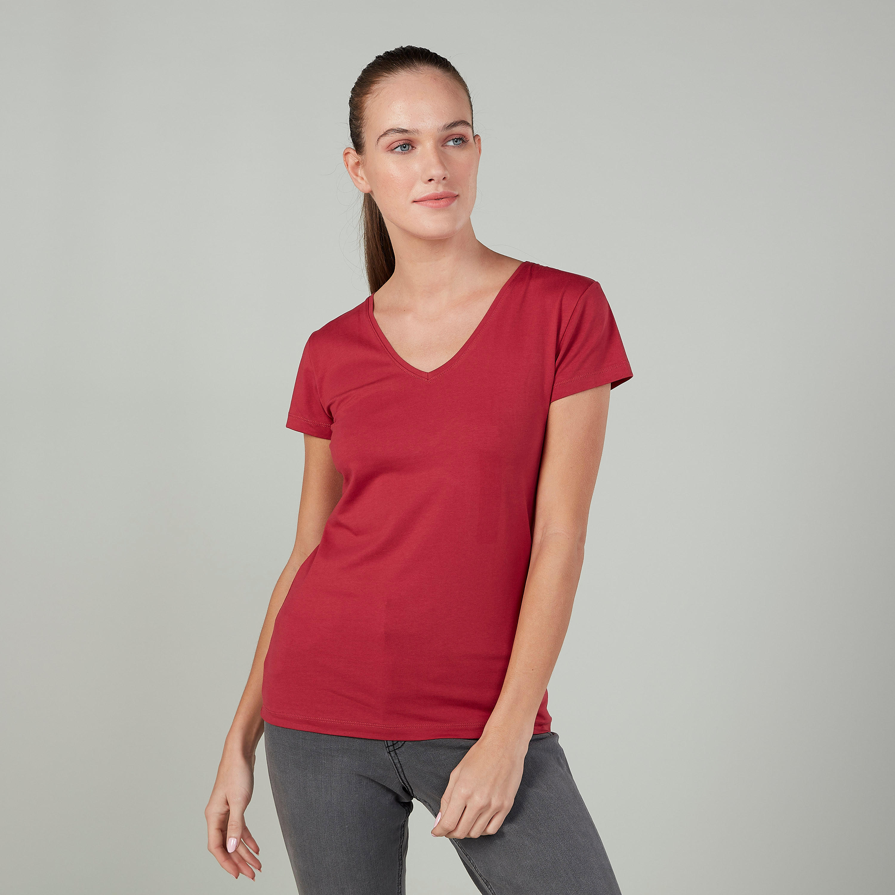 تيشيرت سادة بياقة V وأكمام قصيرة-women-clothing-tshirts-image-1