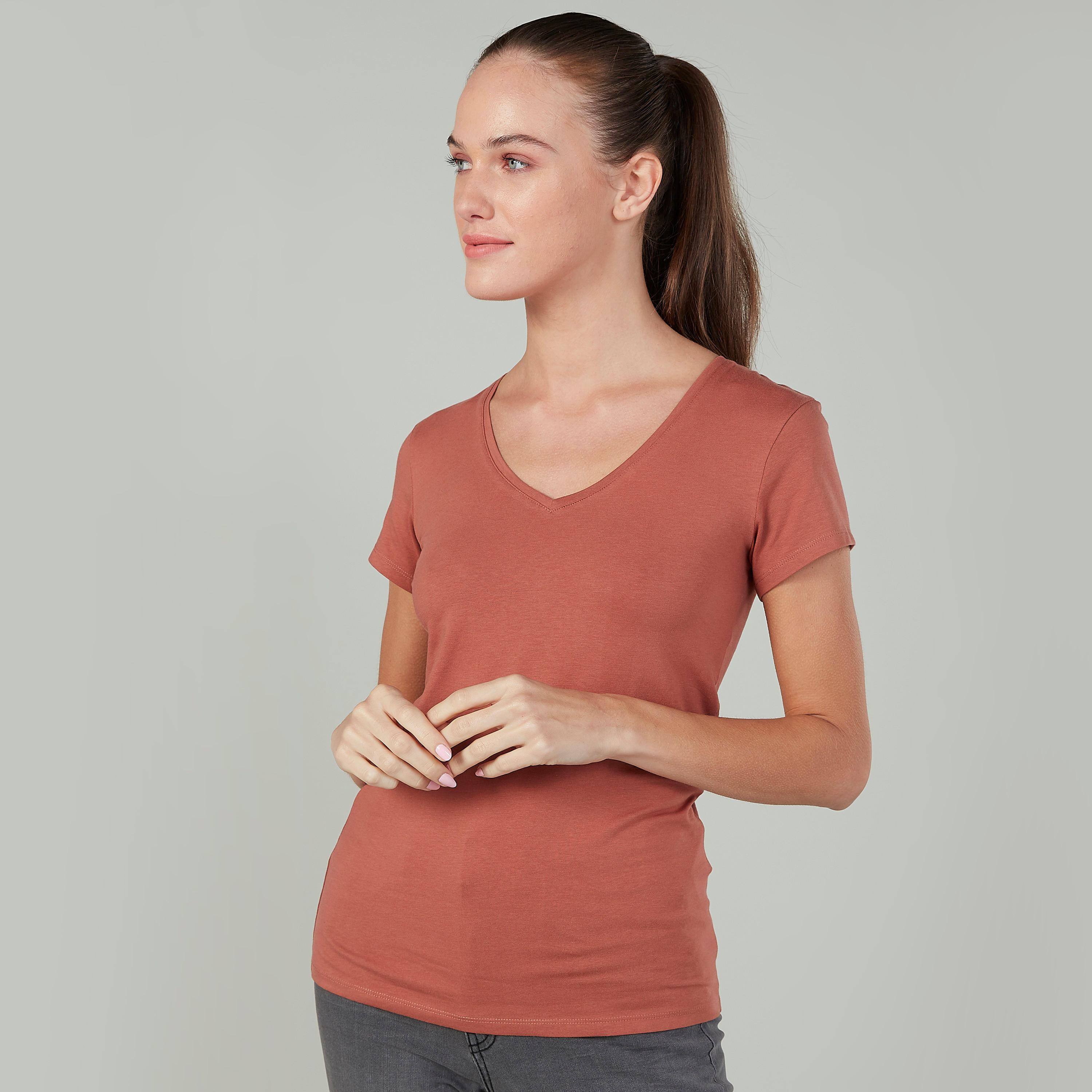 Plain T-shirt with V-neck and Short Sleeves-women-clothing-tshirts-image-1