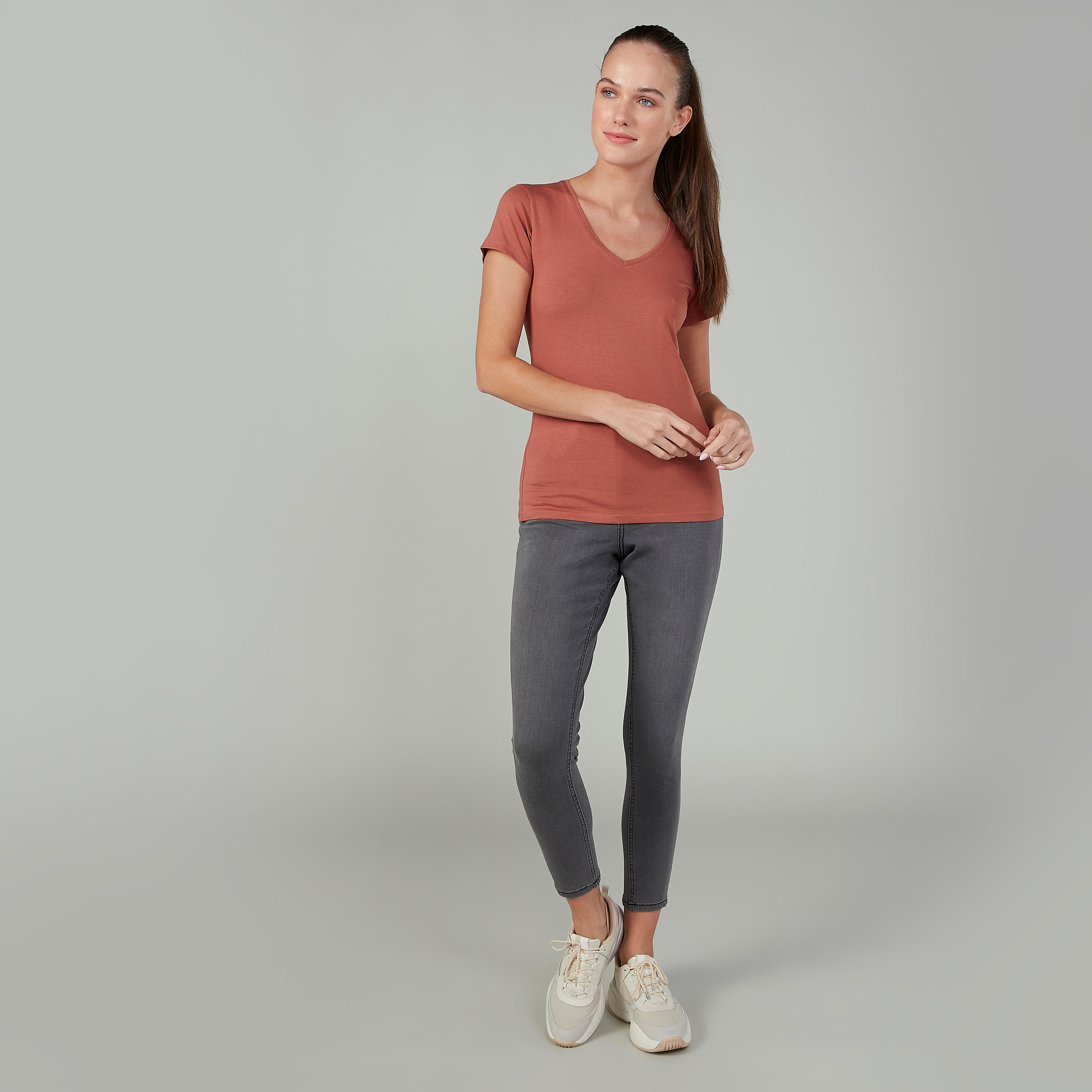 Plain T-shirt with V-neck and Short Sleeves-women-clothing-tshirts-image-2